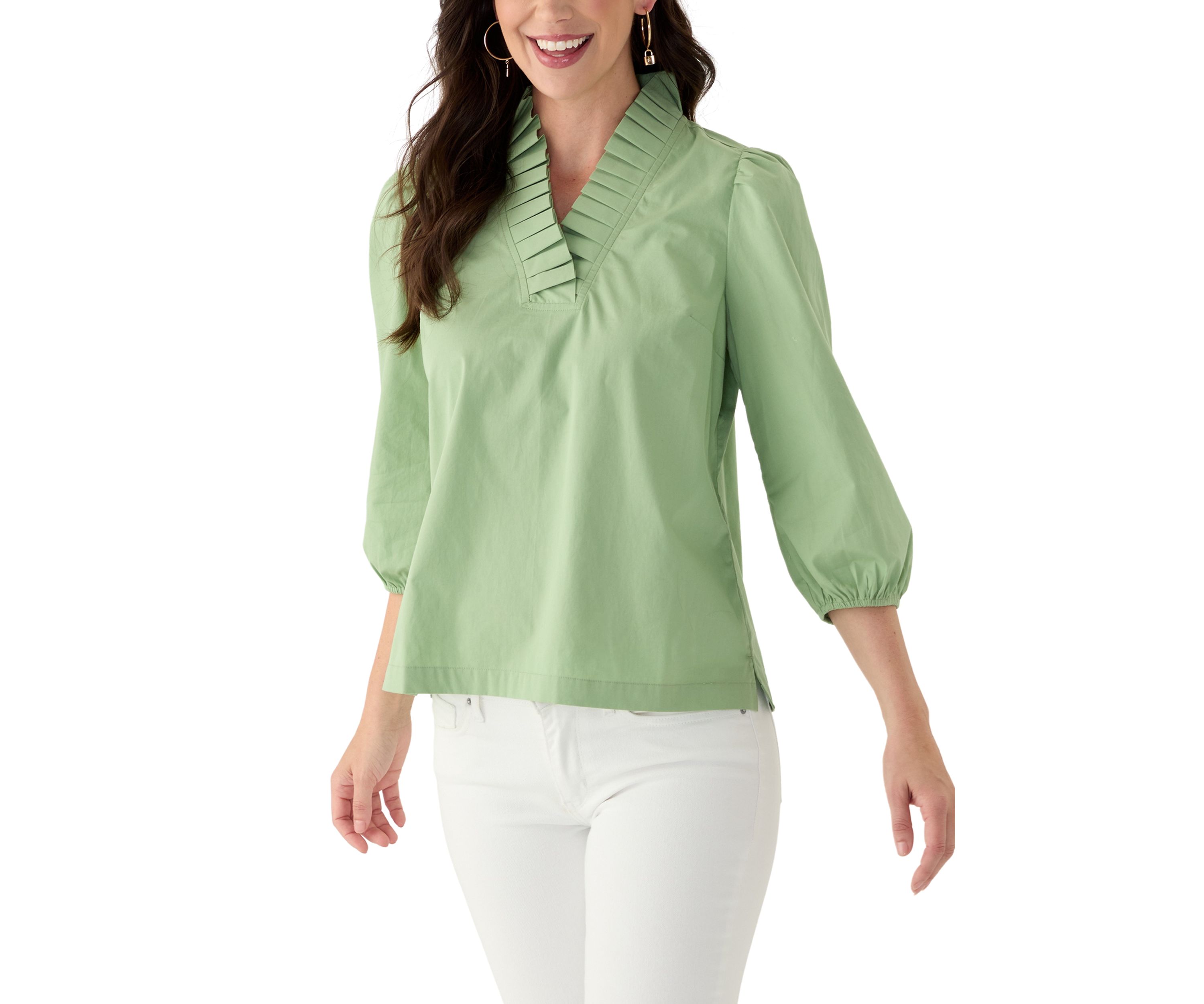 Womens Solid Ruffle Neck Top