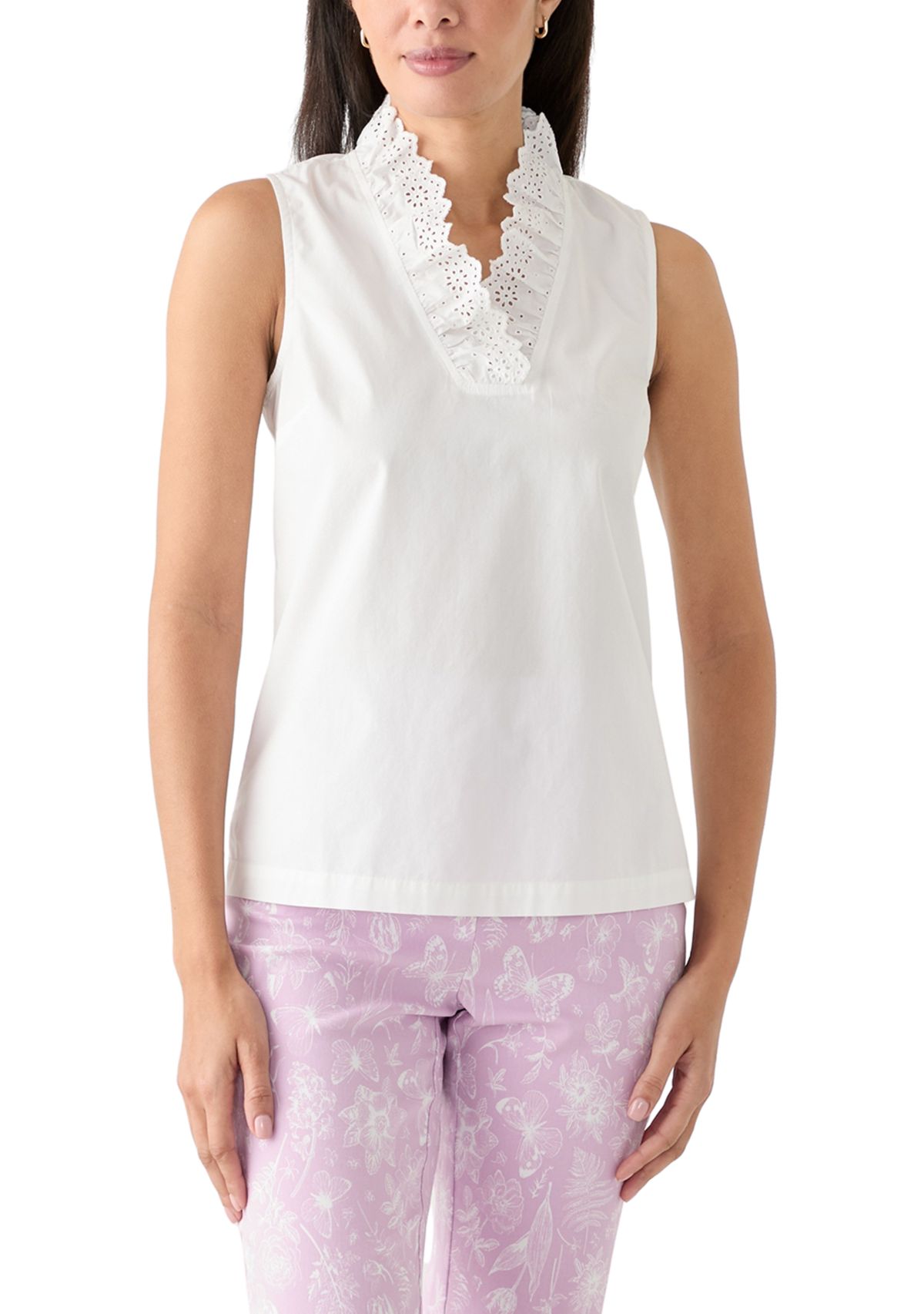 Womens Sleeveless Eyelet Ruffle Neck Top