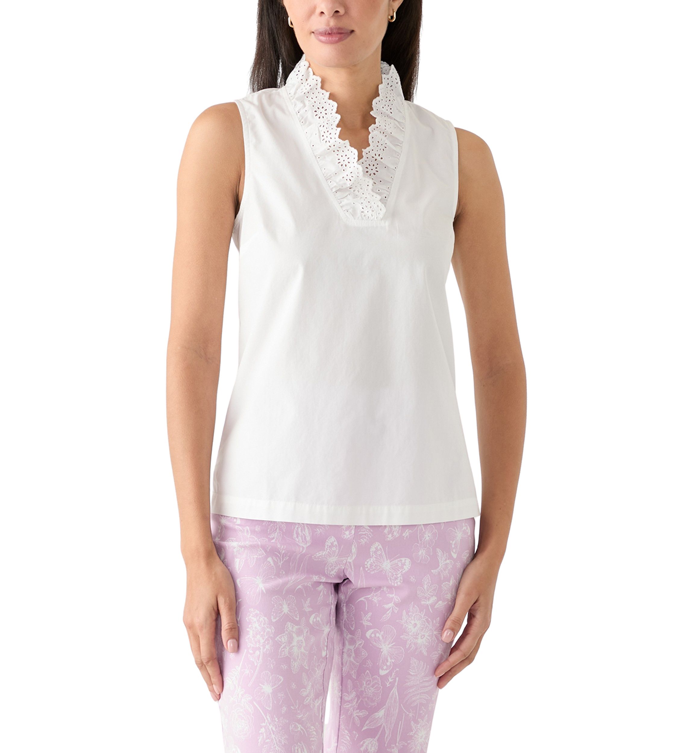 Womens Sleeveless Eyelet Ruffle Neck Top
