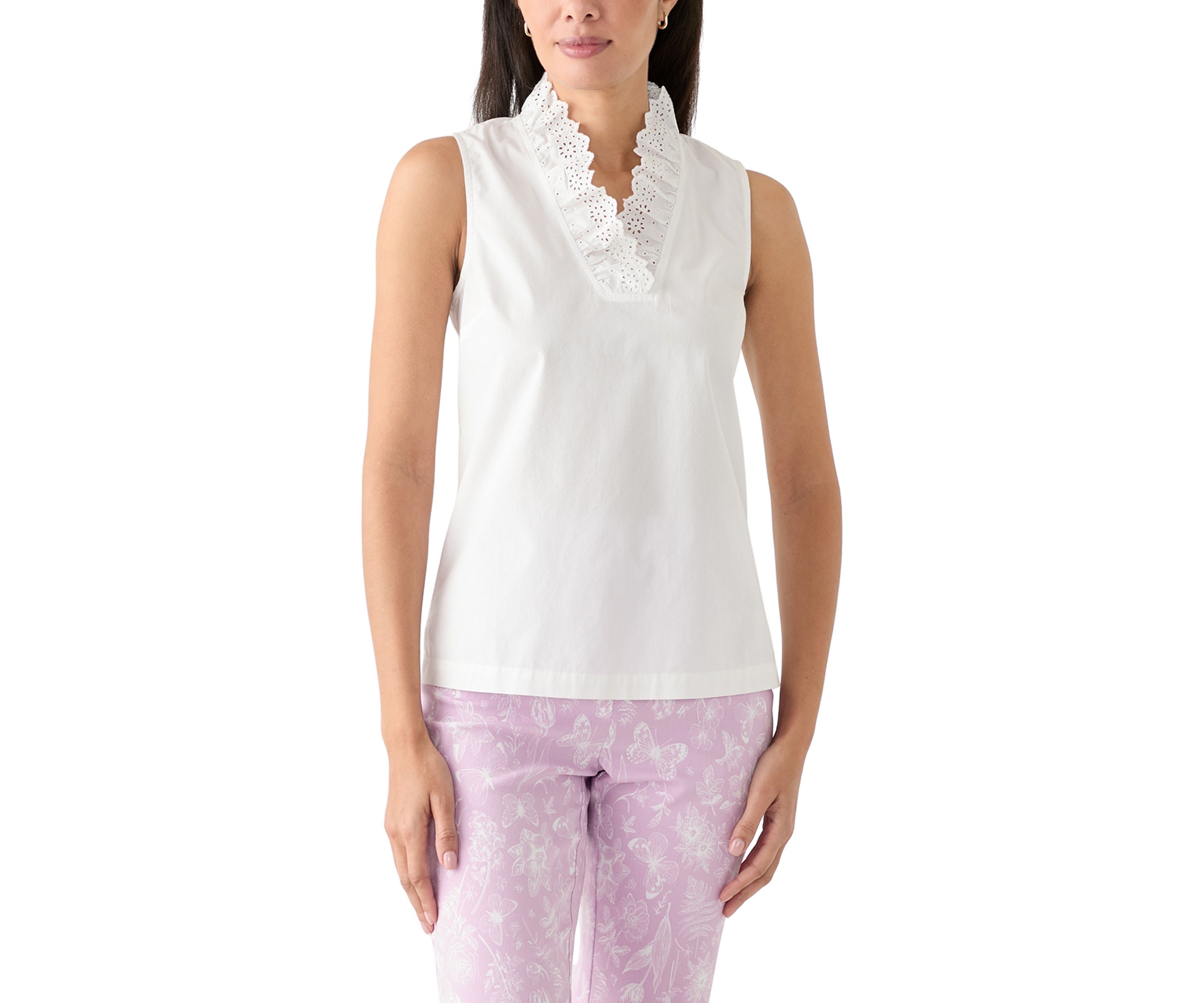 Womens Sleeveless Eyelet Ruffle Neck Top