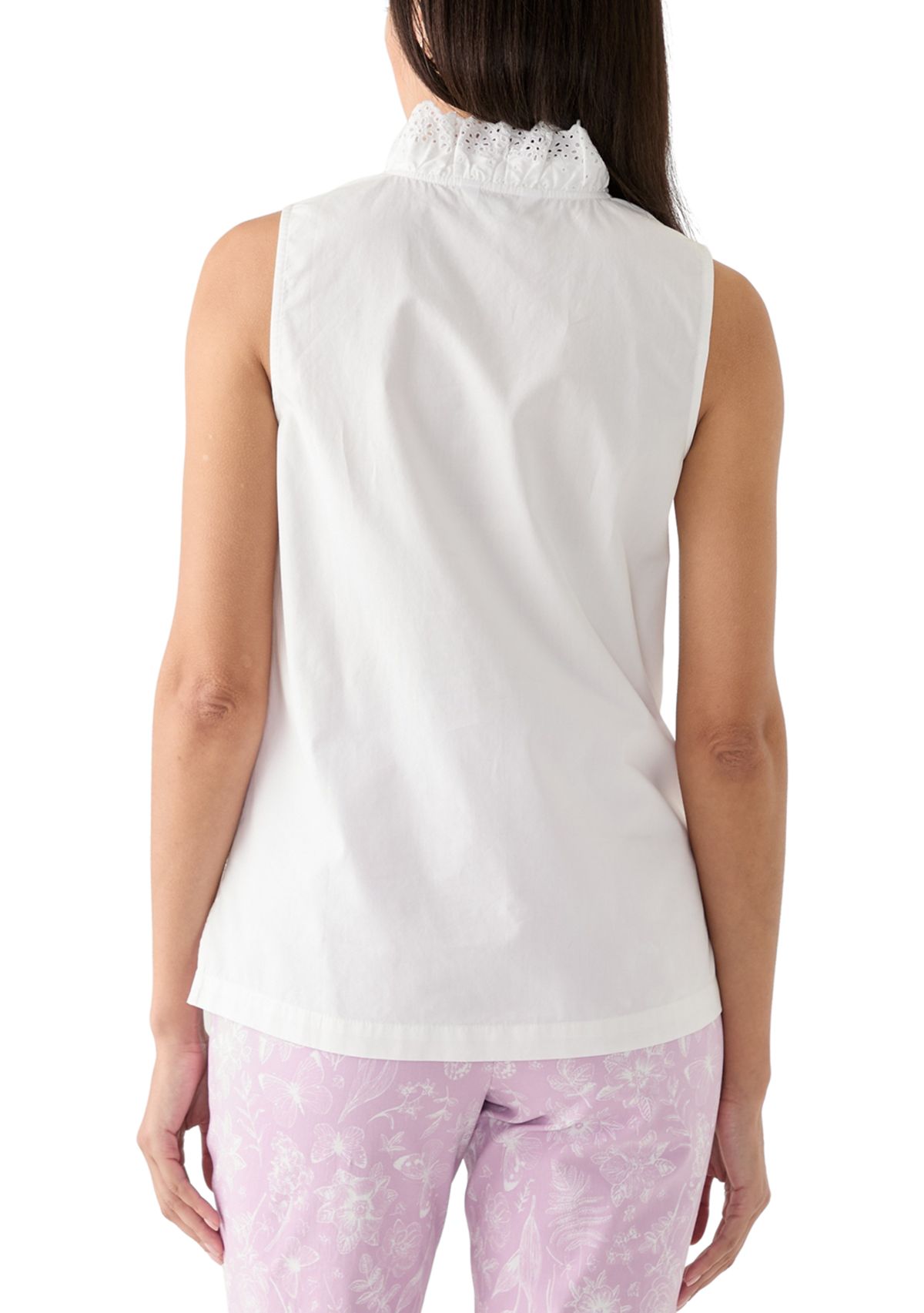 Womens Sleeveless Eyelet Ruffle Neck Top