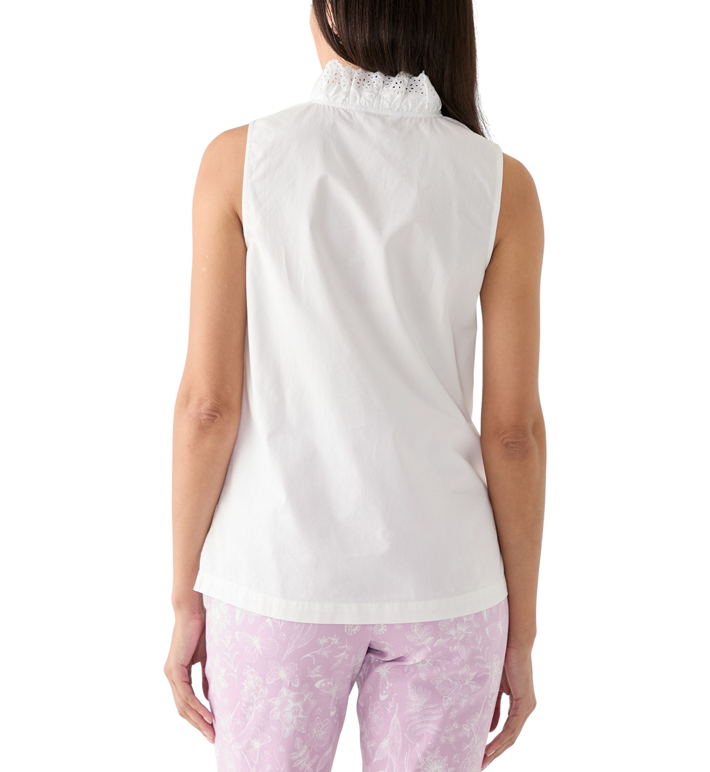 Womens Sleeveless Eyelet Ruffle Neck Top