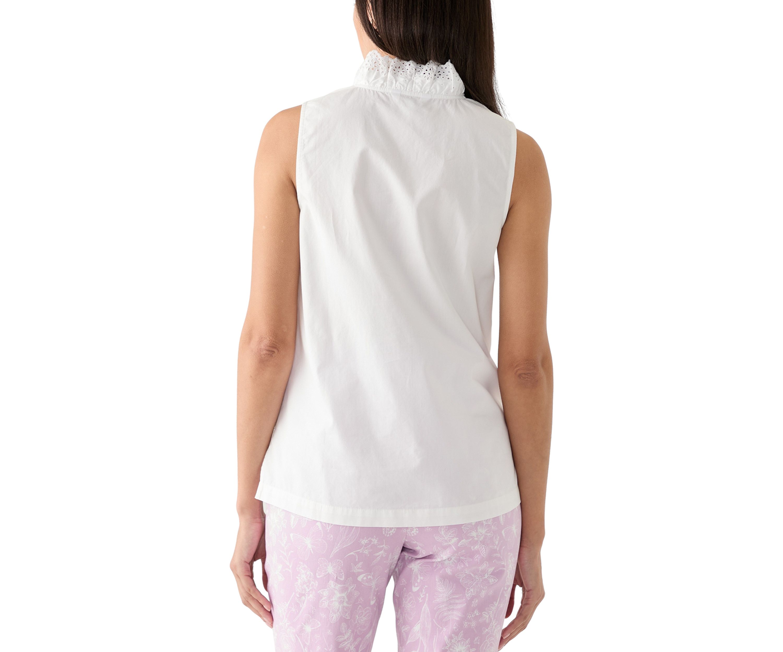 Womens Sleeveless Eyelet Ruffle Neck Top