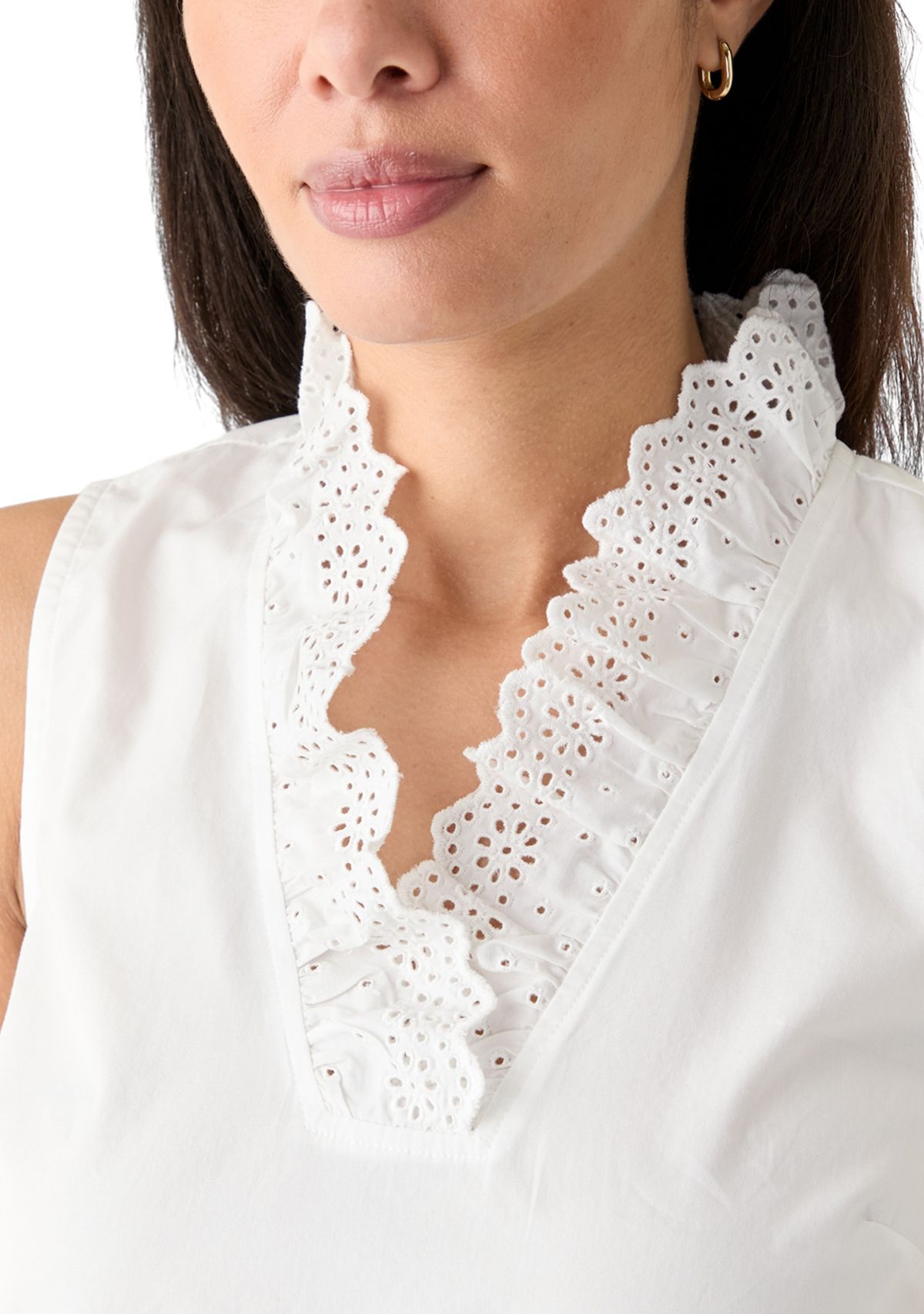 Womens Sleeveless Eyelet Ruffle Neck Top