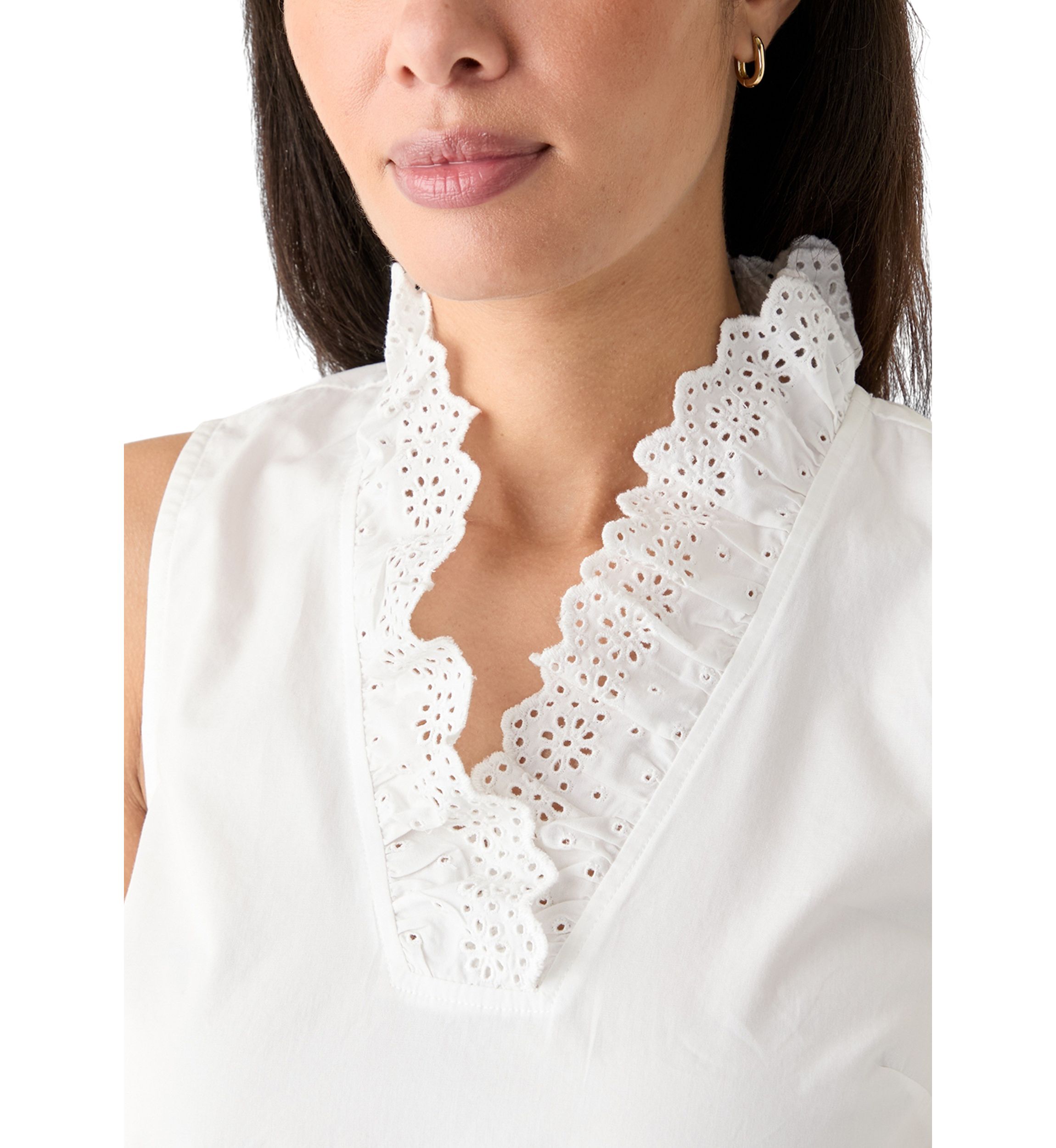 Womens Sleeveless Eyelet Ruffle Neck Top