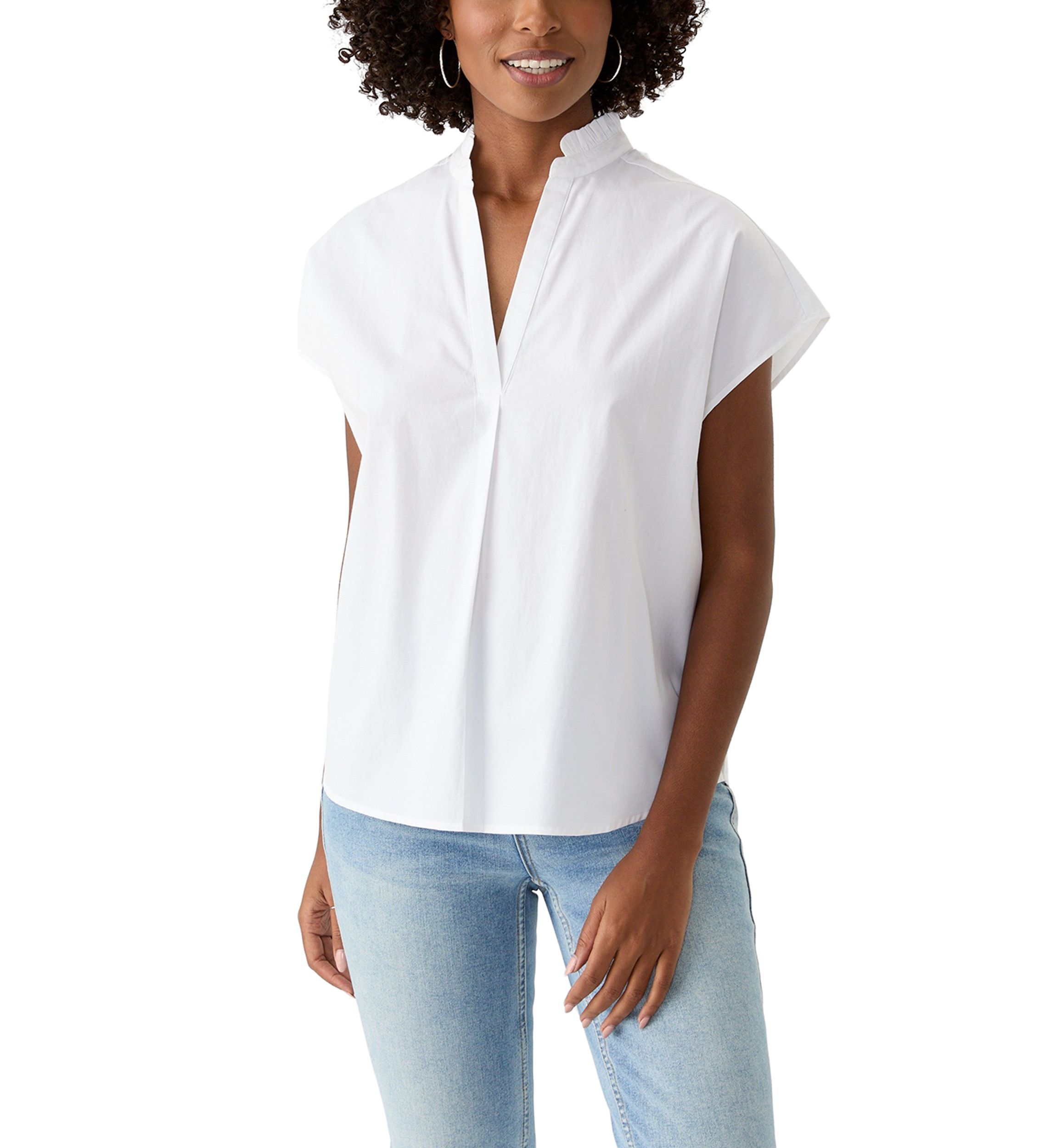 Womens Short Sleeve Dolman Ruffle Neck Top