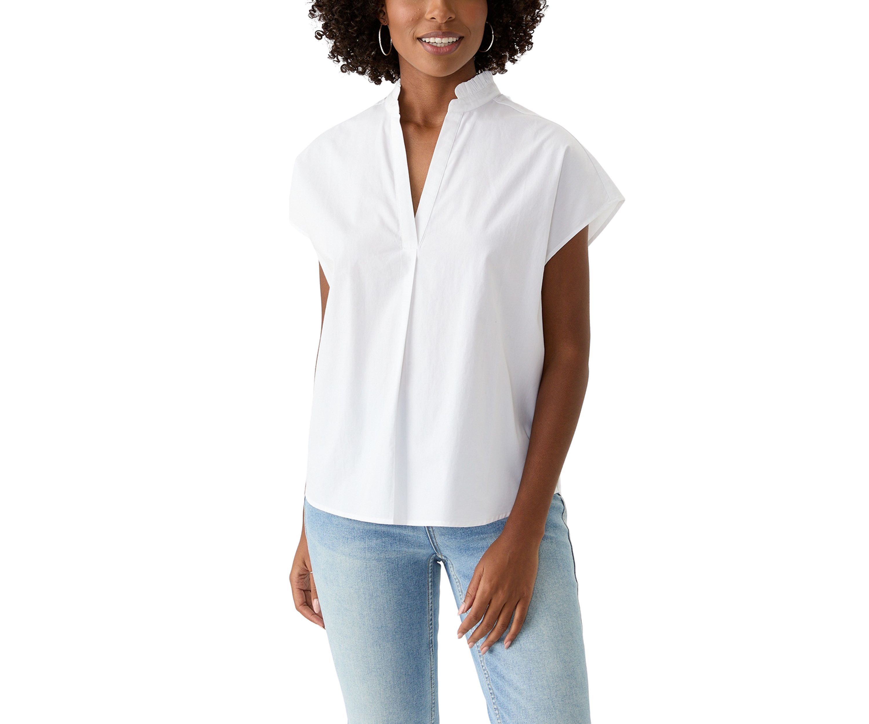 Womens Short Sleeve Dolman Ruffle Neck Top