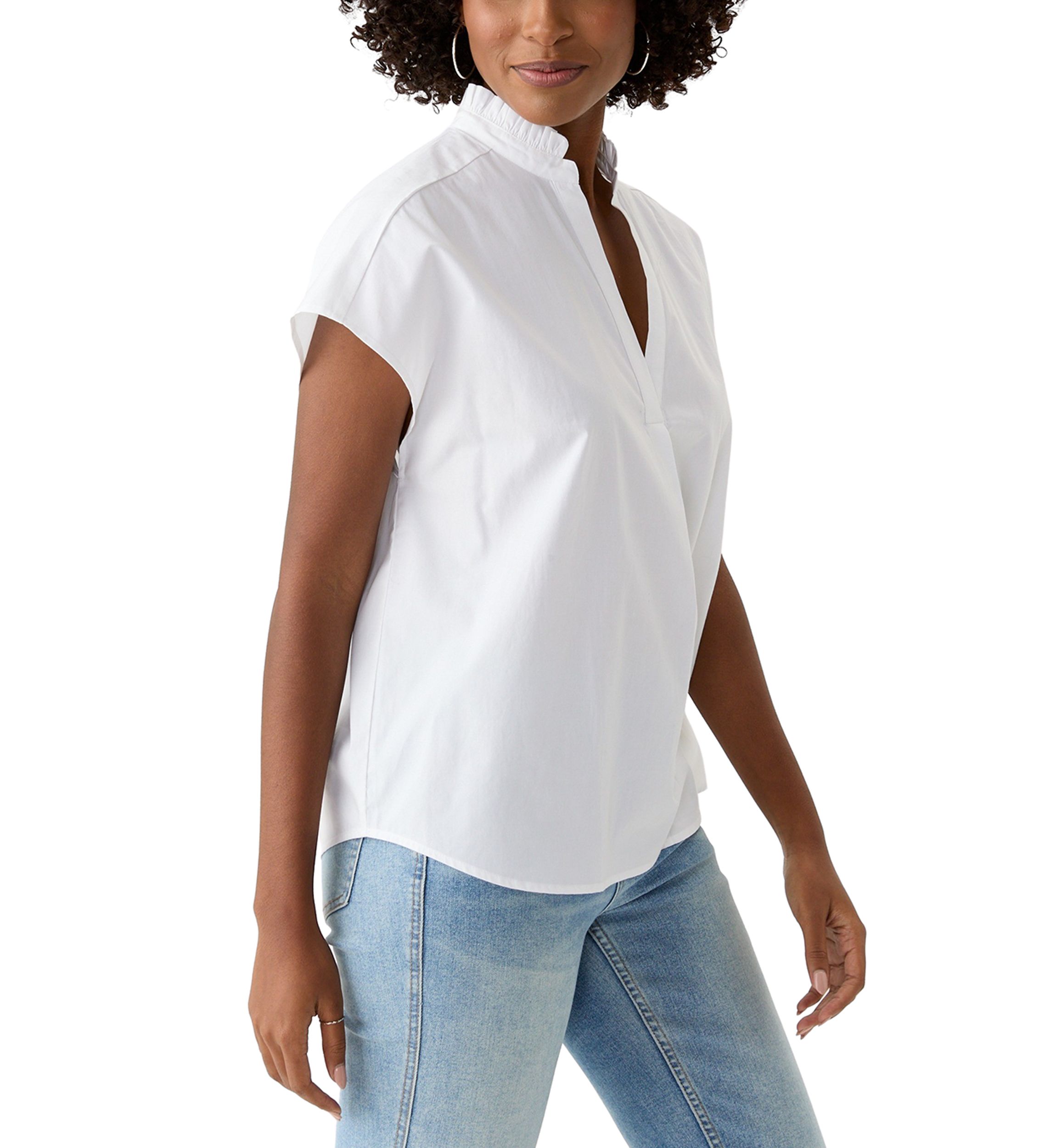 Womens Short Sleeve Dolman Ruffle Neck Top