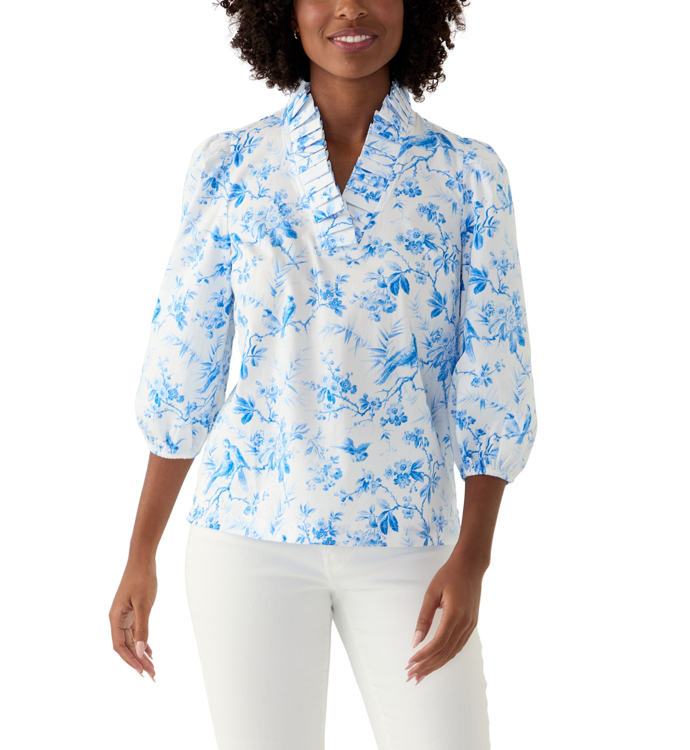 Womens Printed Ruffle Neck Top