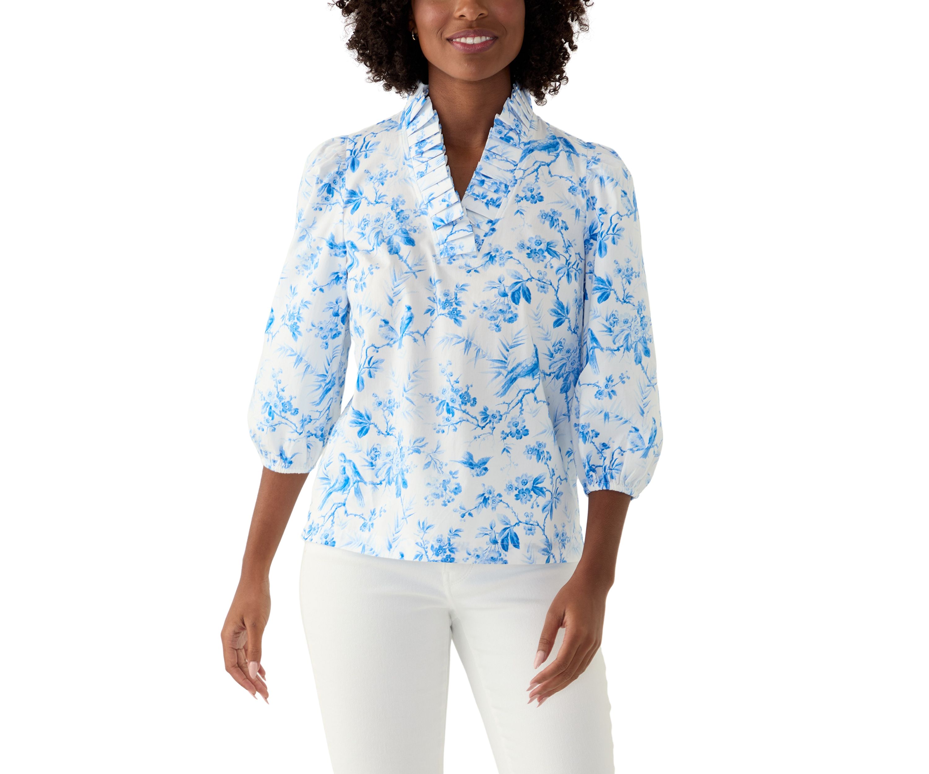 Womens Printed Ruffle Neck Top