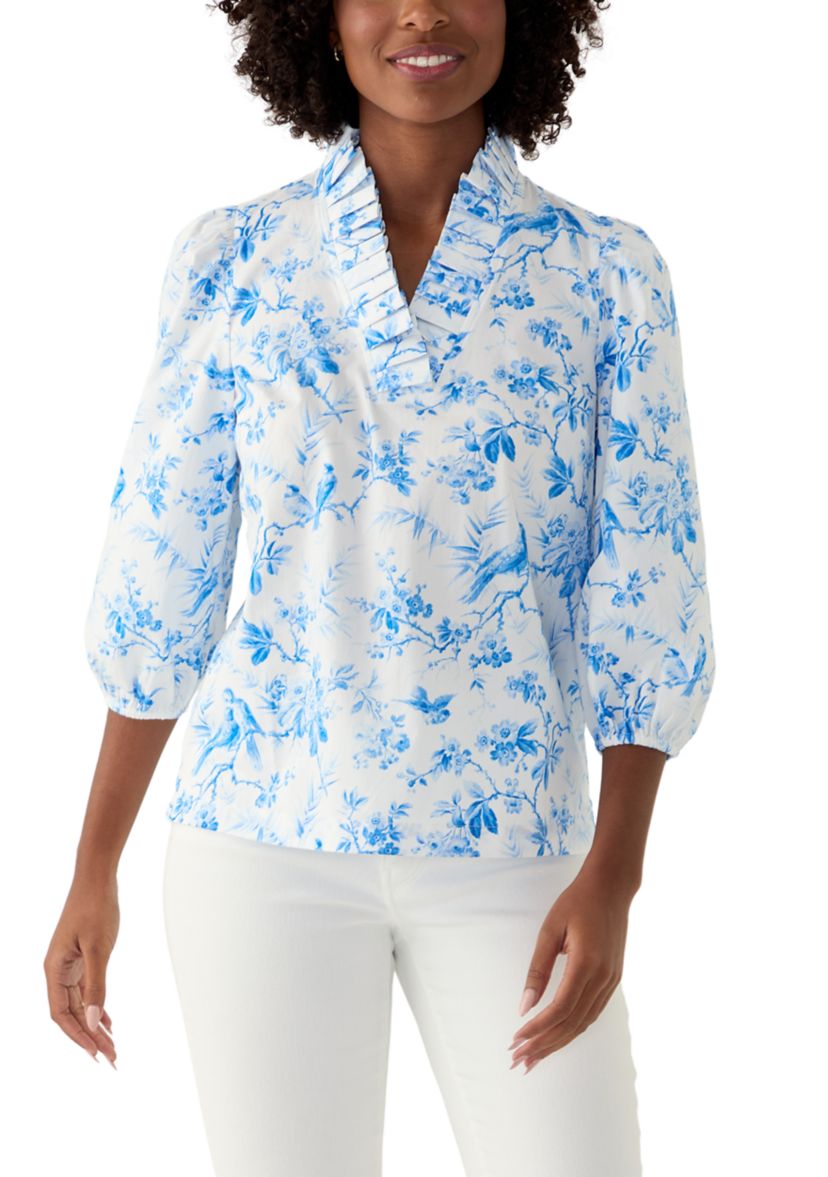 Womens Printed Ruffle Neck Top