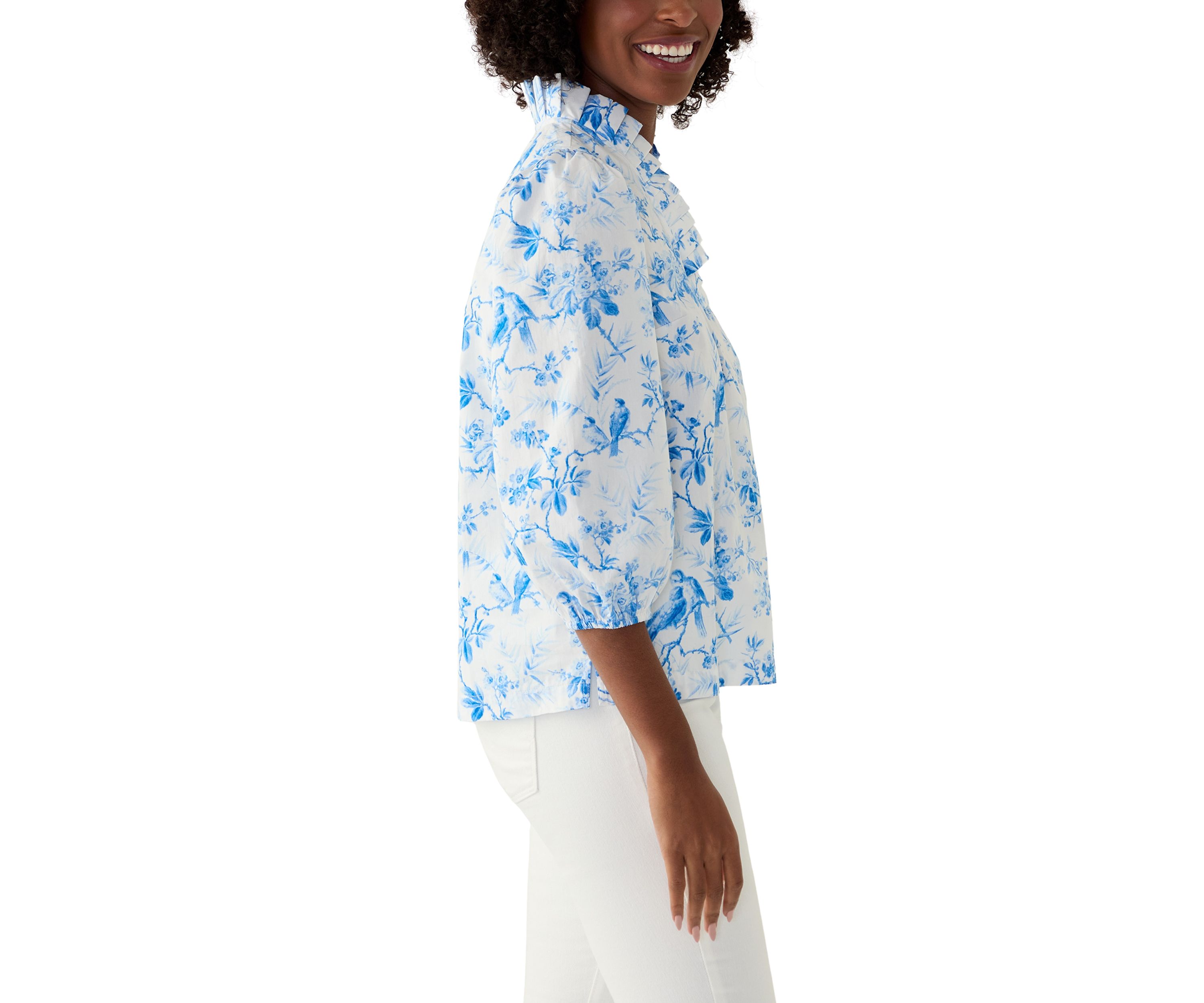 Womens Printed Ruffle Neck Top