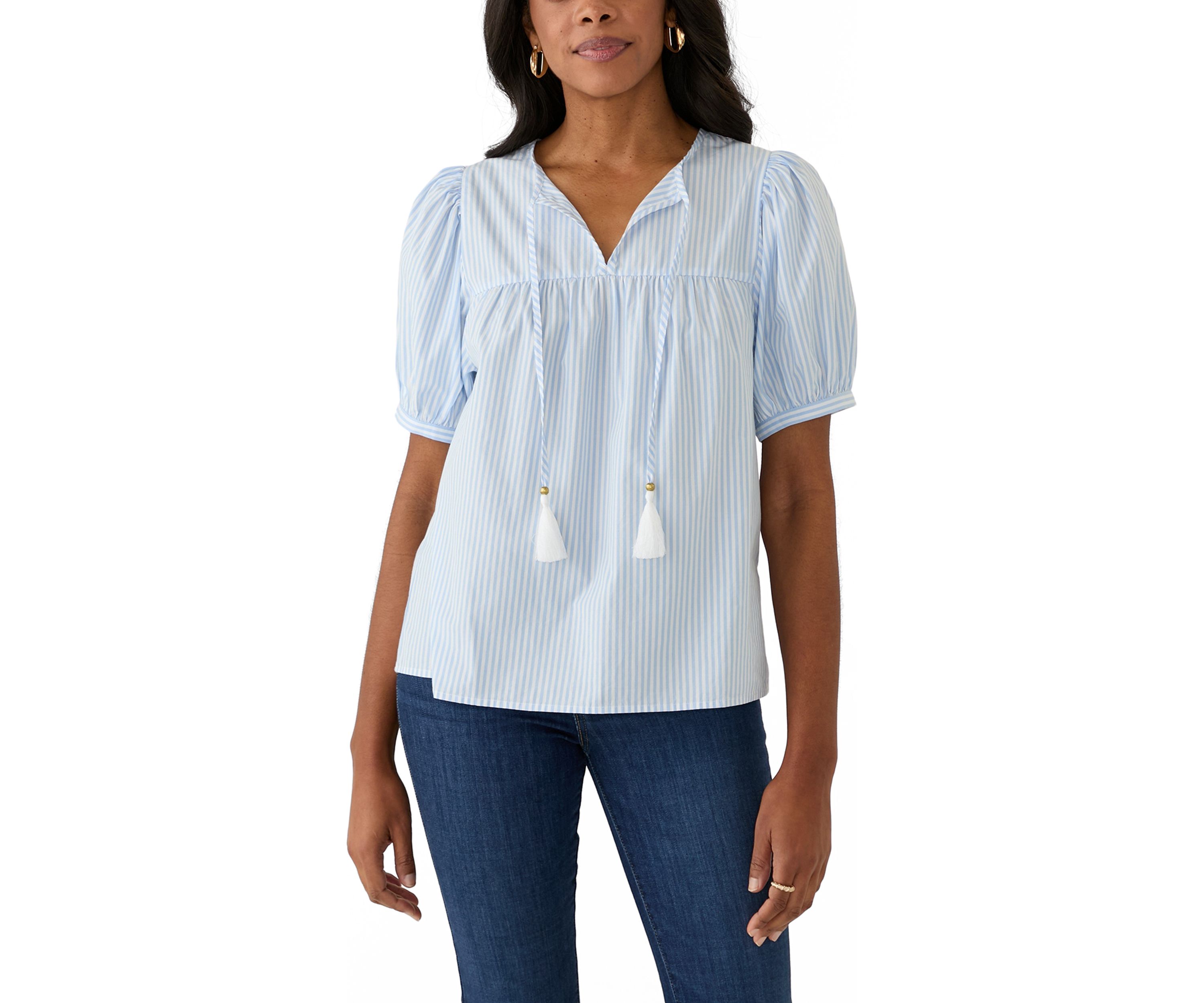 Womens Puff Sleeve Tassel Neck Striped Top 