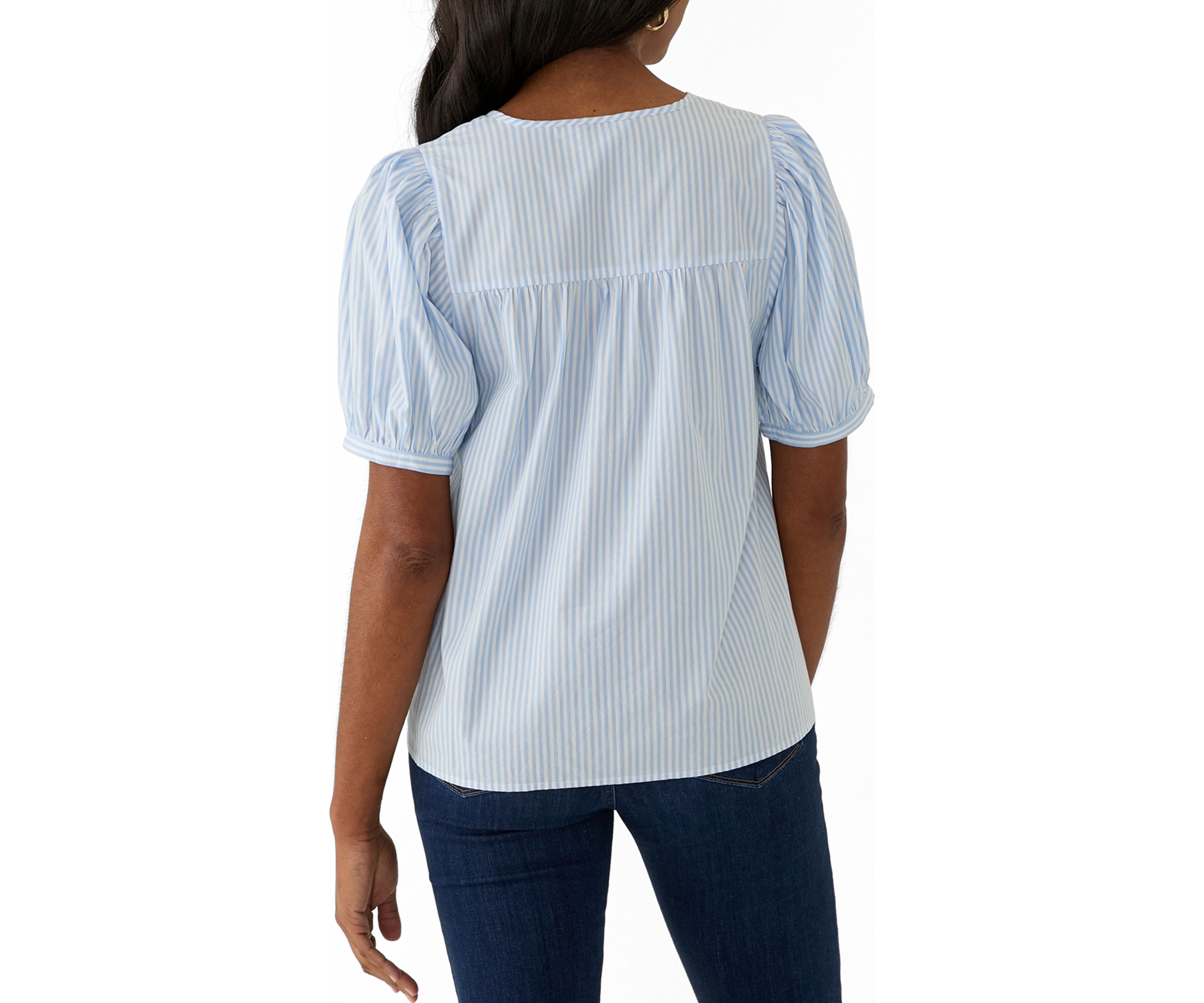 Womens Puff Sleeve Tassel Neck Striped Top 