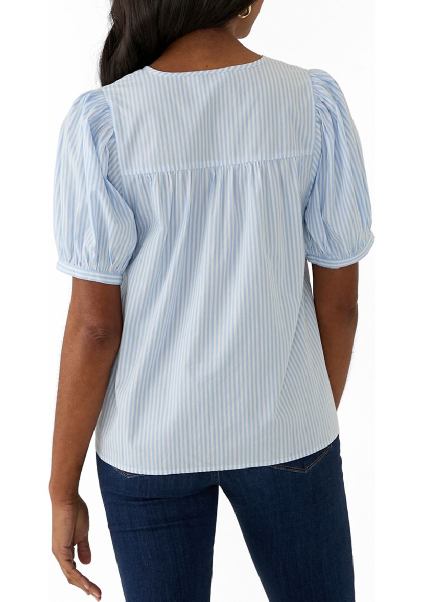 Womens Puff Sleeve Tassel Neck Striped Top 