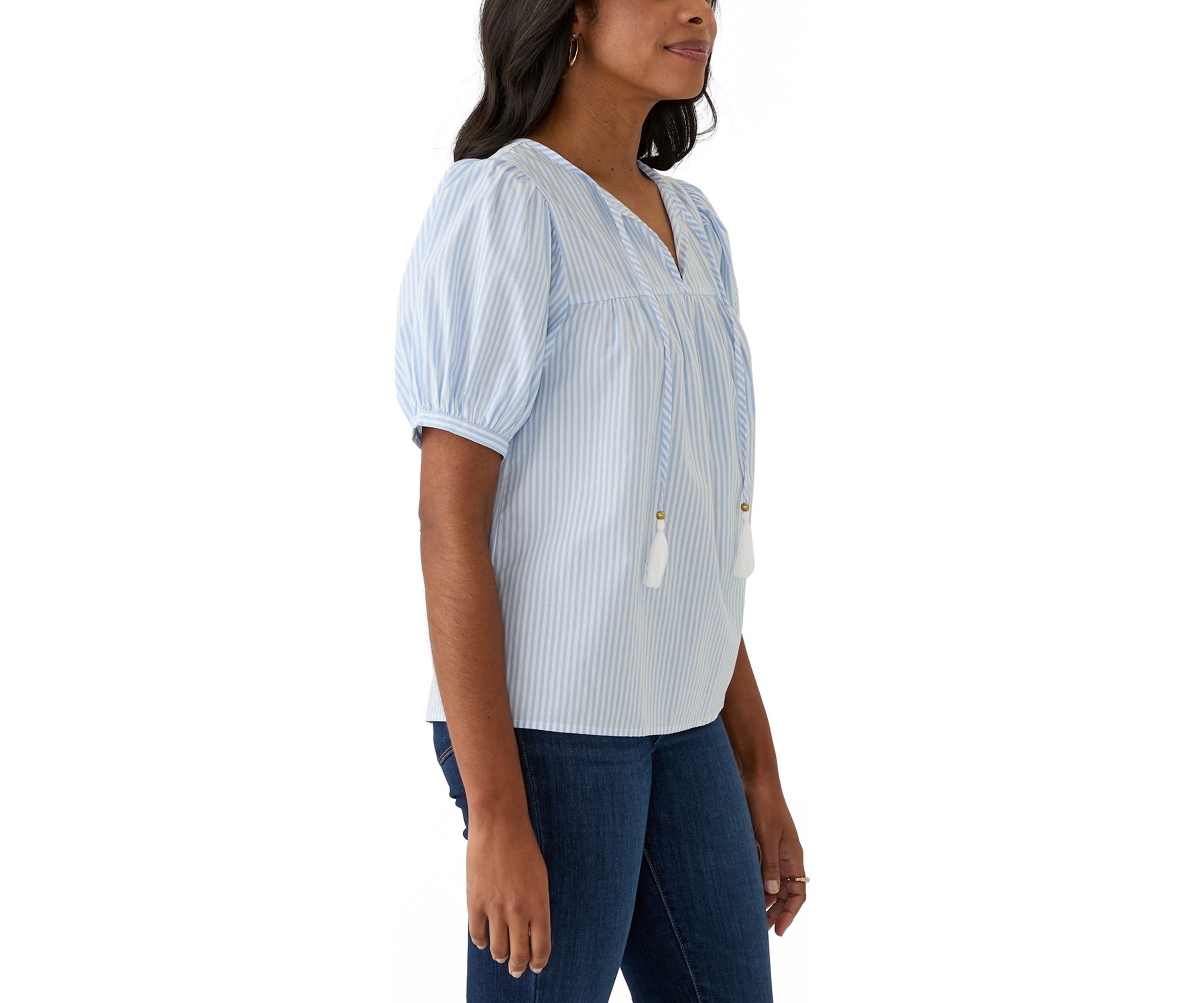 Womens Puff Sleeve Tassel Neck Striped Top 