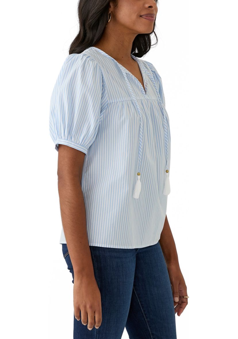 Womens Puff Sleeve Tassel Neck Striped Top 