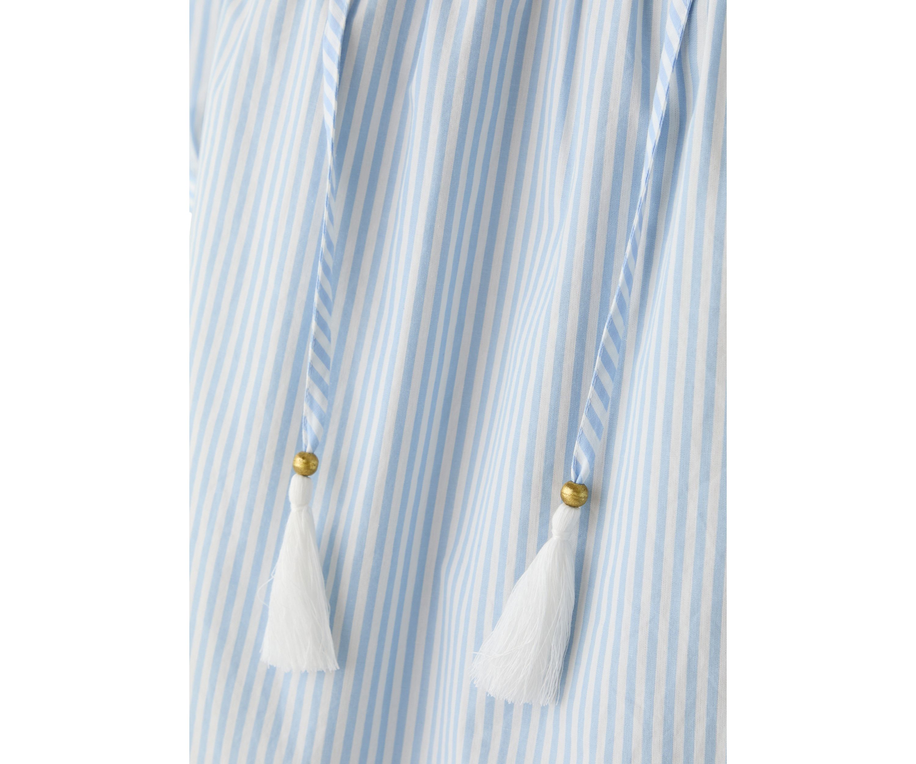 Womens Puff Sleeve Tassel Neck Striped Top 