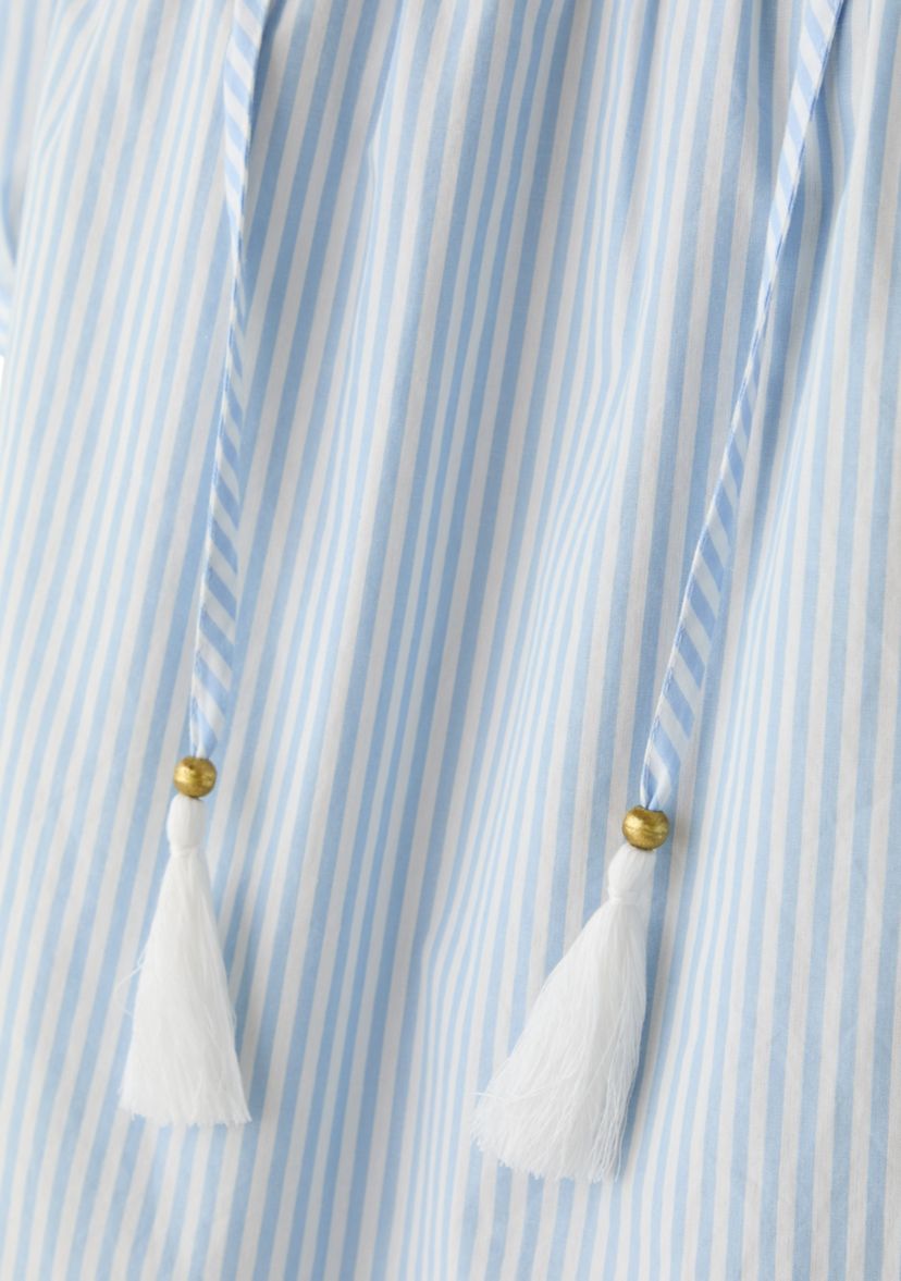 Womens Puff Sleeve Tassel Neck Striped Top 
