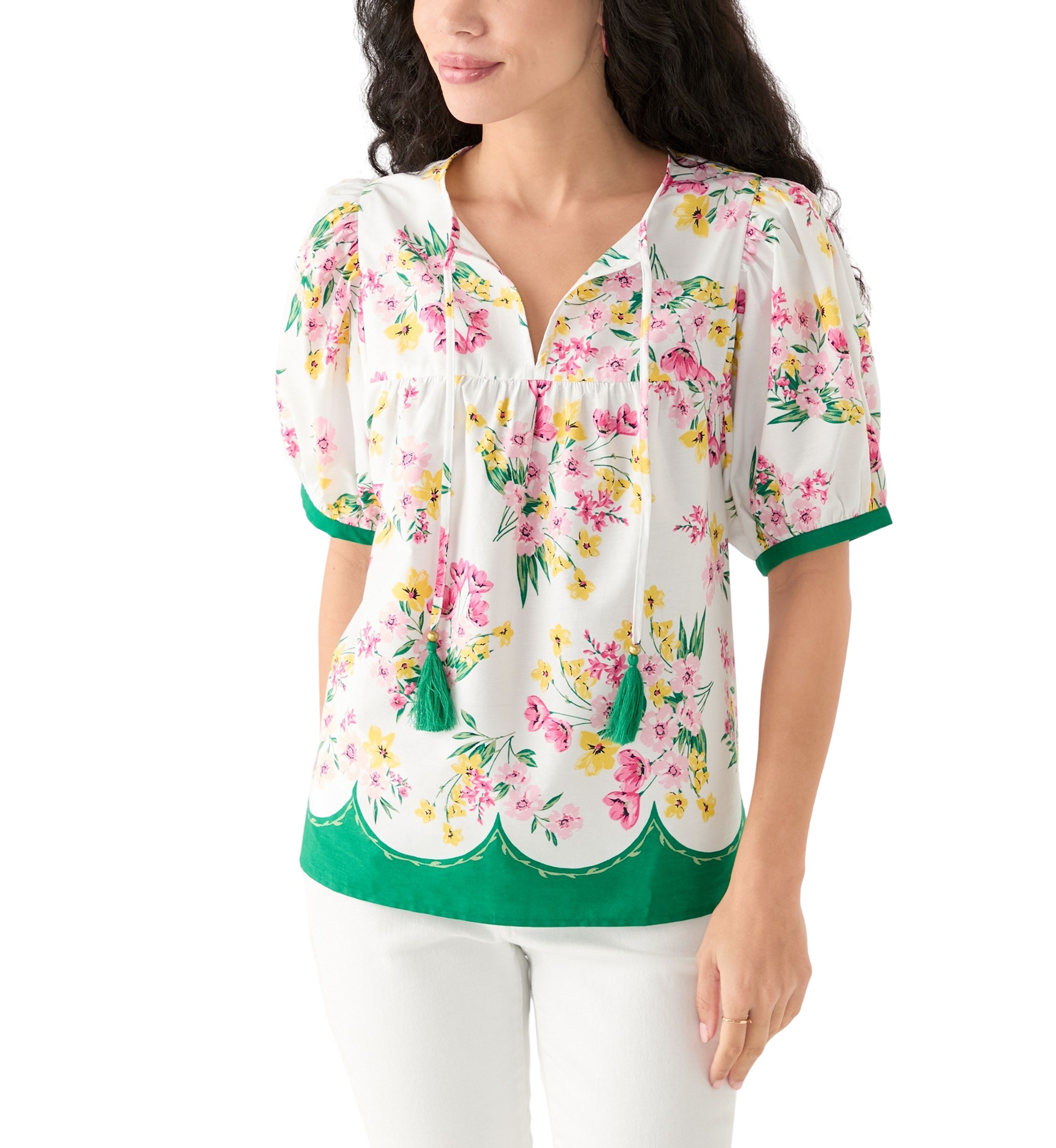 Womens Puff Sleeve Tassel Neck Printed Top 