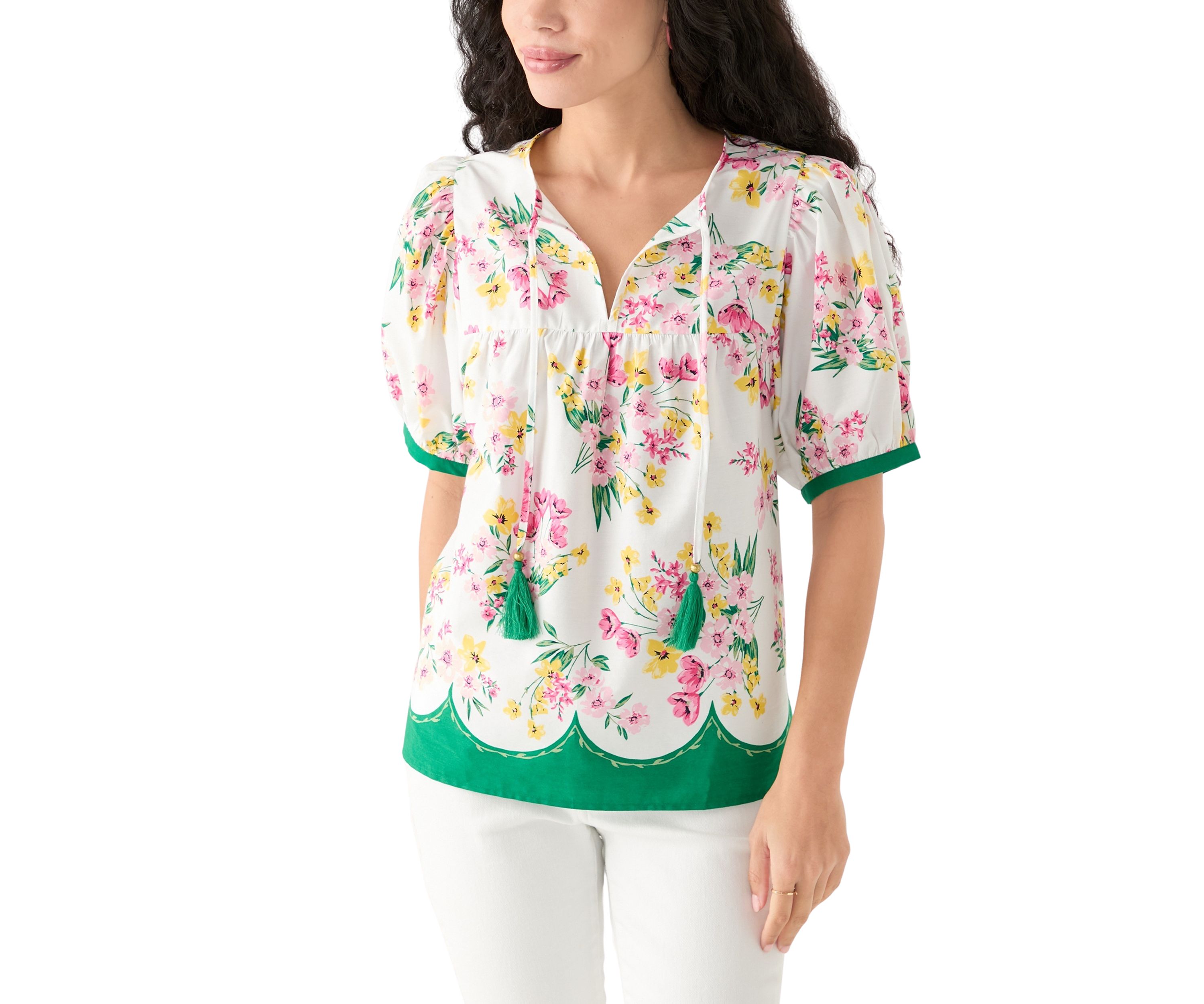 Womens Puff Sleeve Tassel Neck Printed Top 