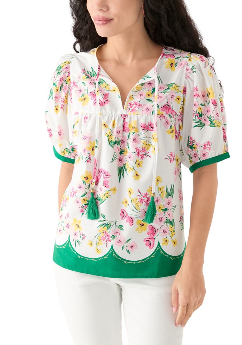 Womens Puff Sleeve Tassel Neck Printed Top 