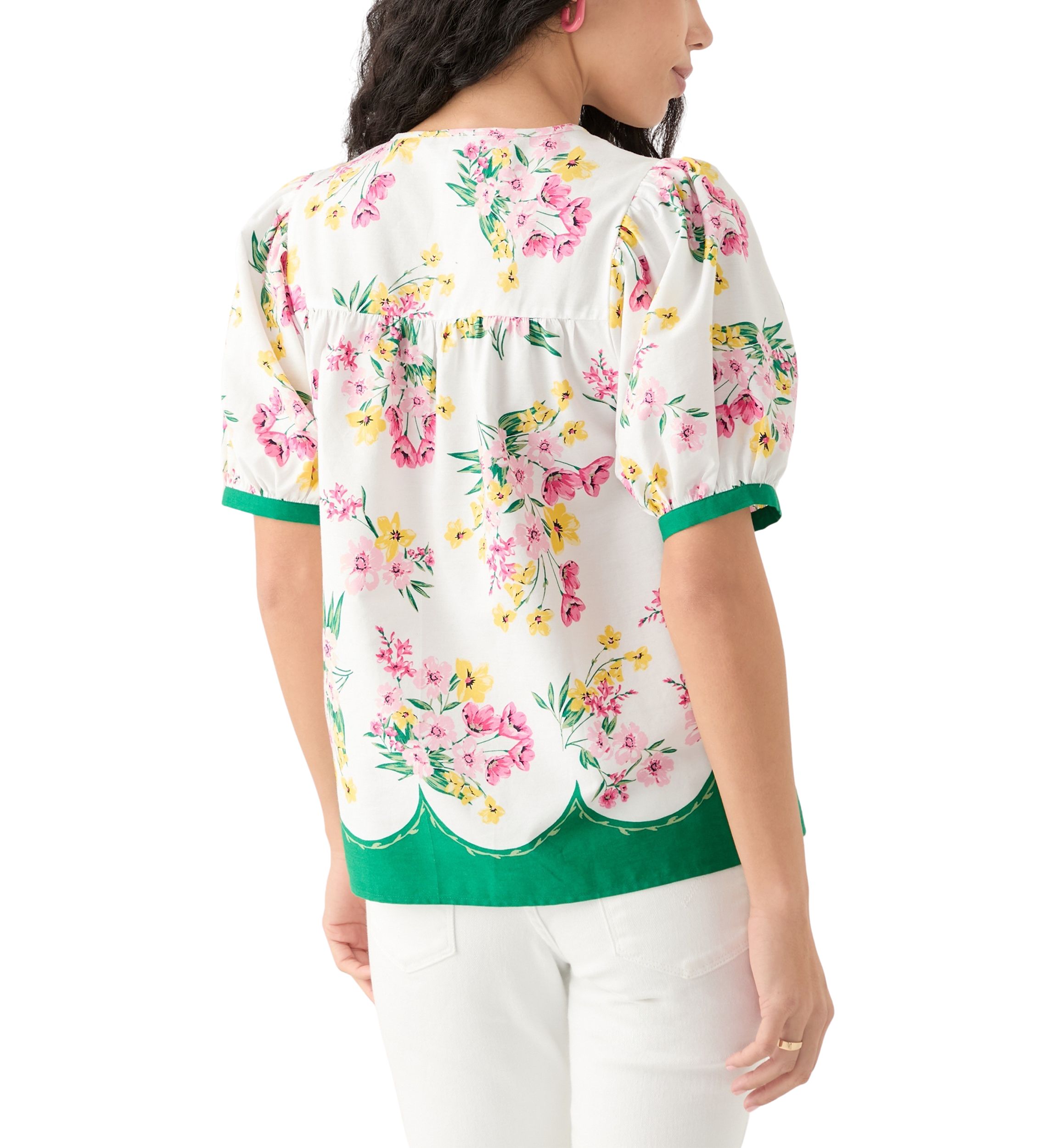 Womens Puff Sleeve Tassel Neck Printed Top 