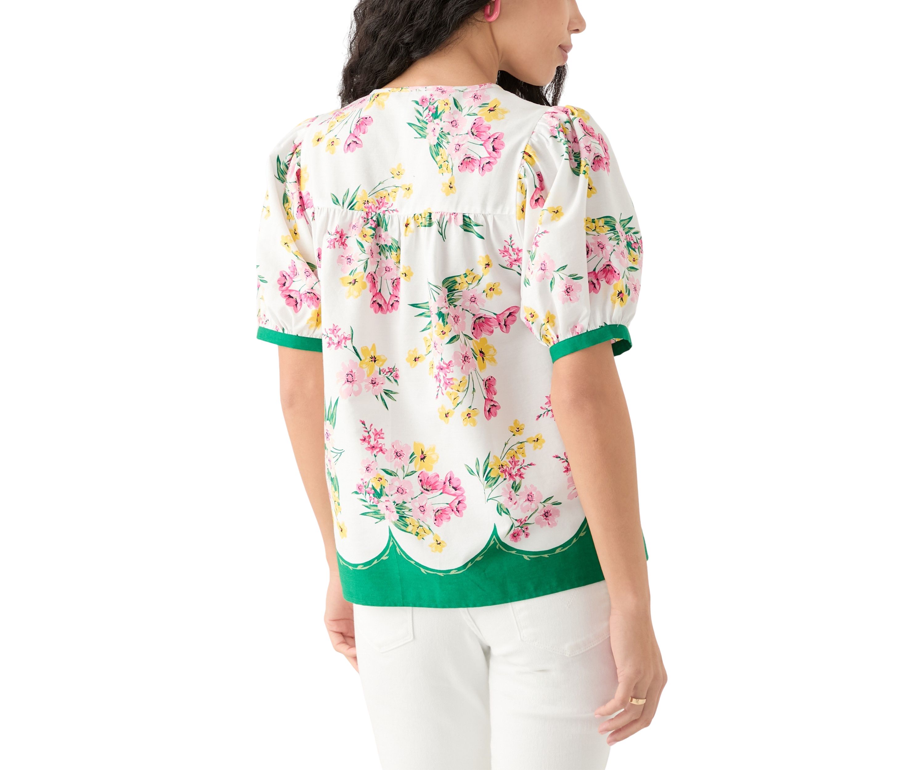 Womens Puff Sleeve Tassel Neck Printed Top 