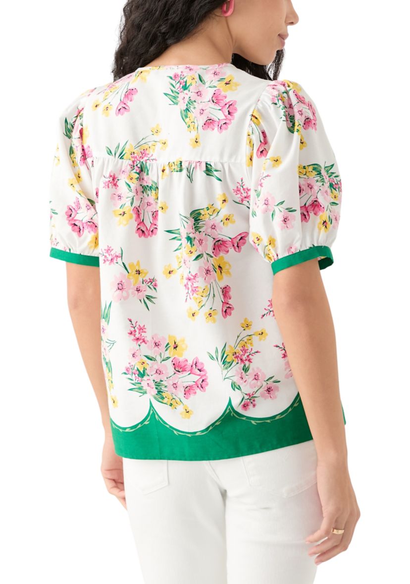 Womens Puff Sleeve Tassel Neck Printed Top 