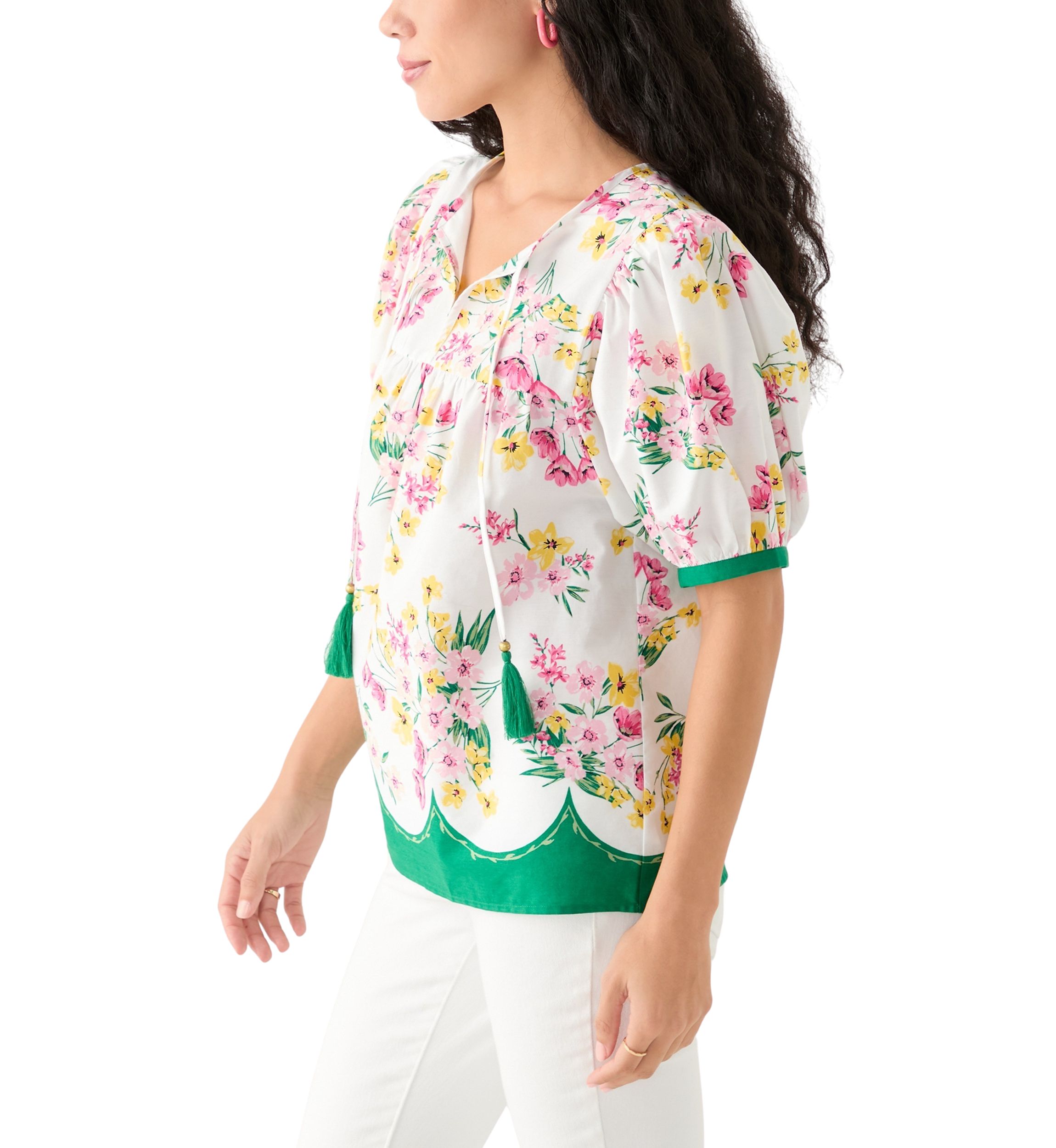 Womens Puff Sleeve Tassel Neck Printed Top 