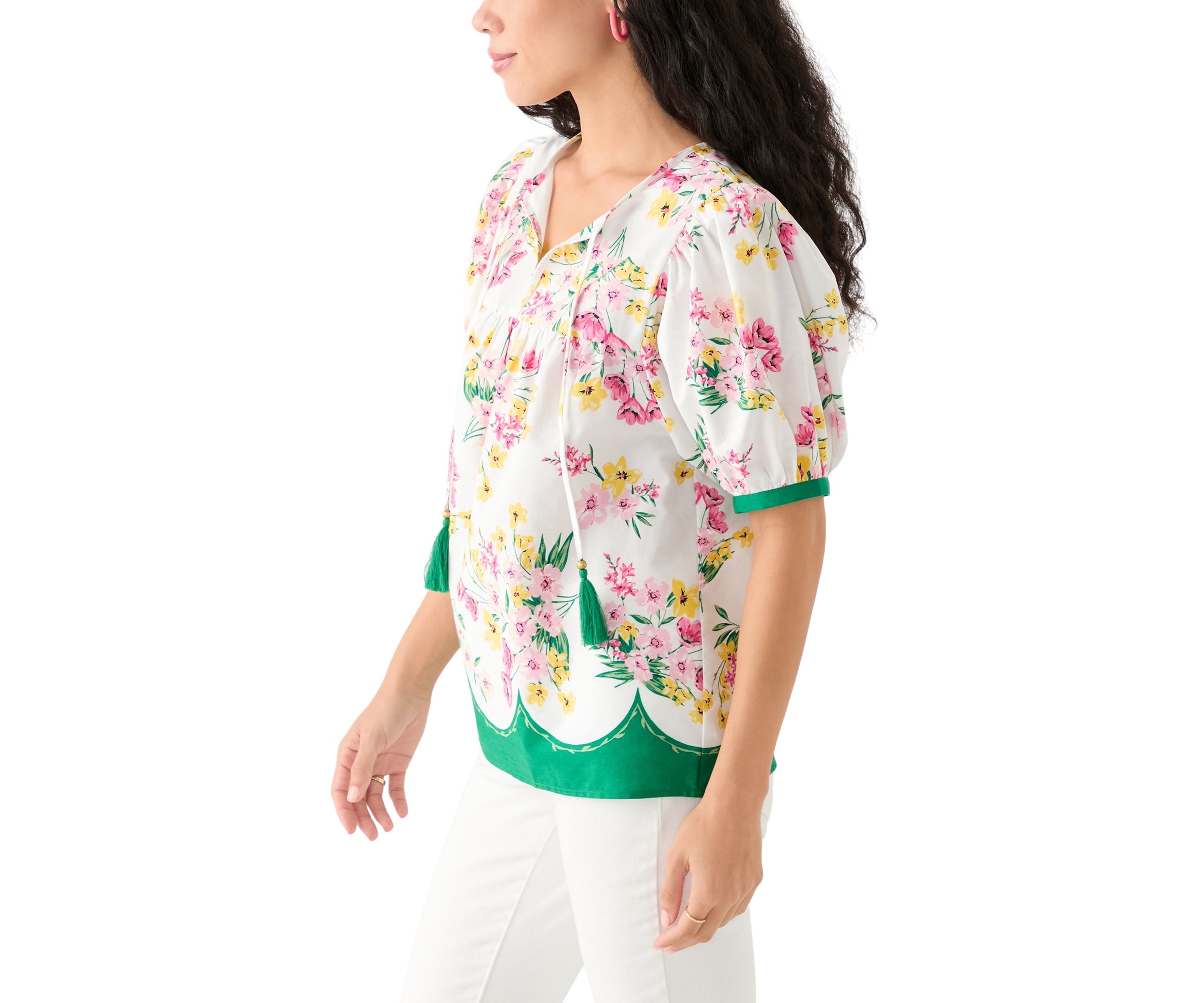 Womens Puff Sleeve Tassel Neck Printed Top 