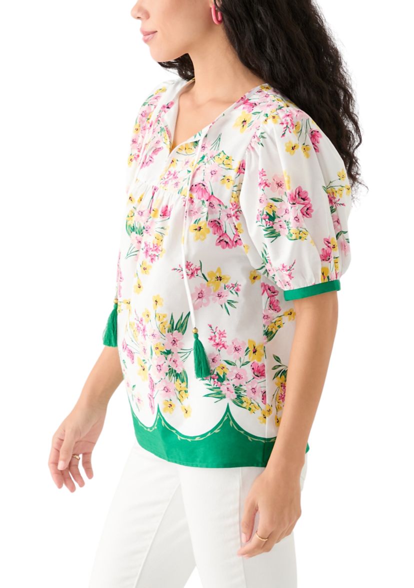 Womens Puff Sleeve Tassel Neck Printed Top 