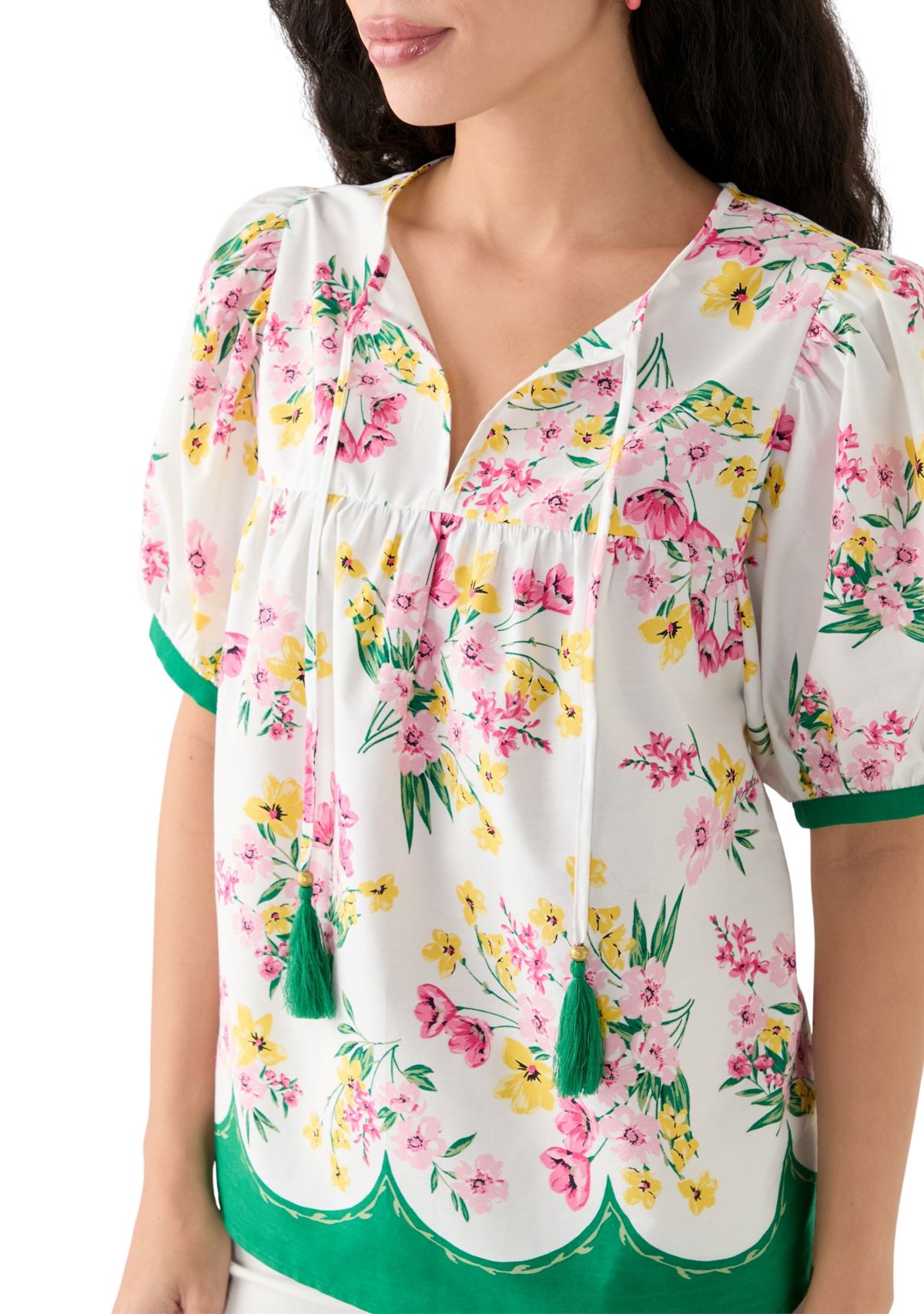 Womens Puff Sleeve Tassel Neck Printed Top 