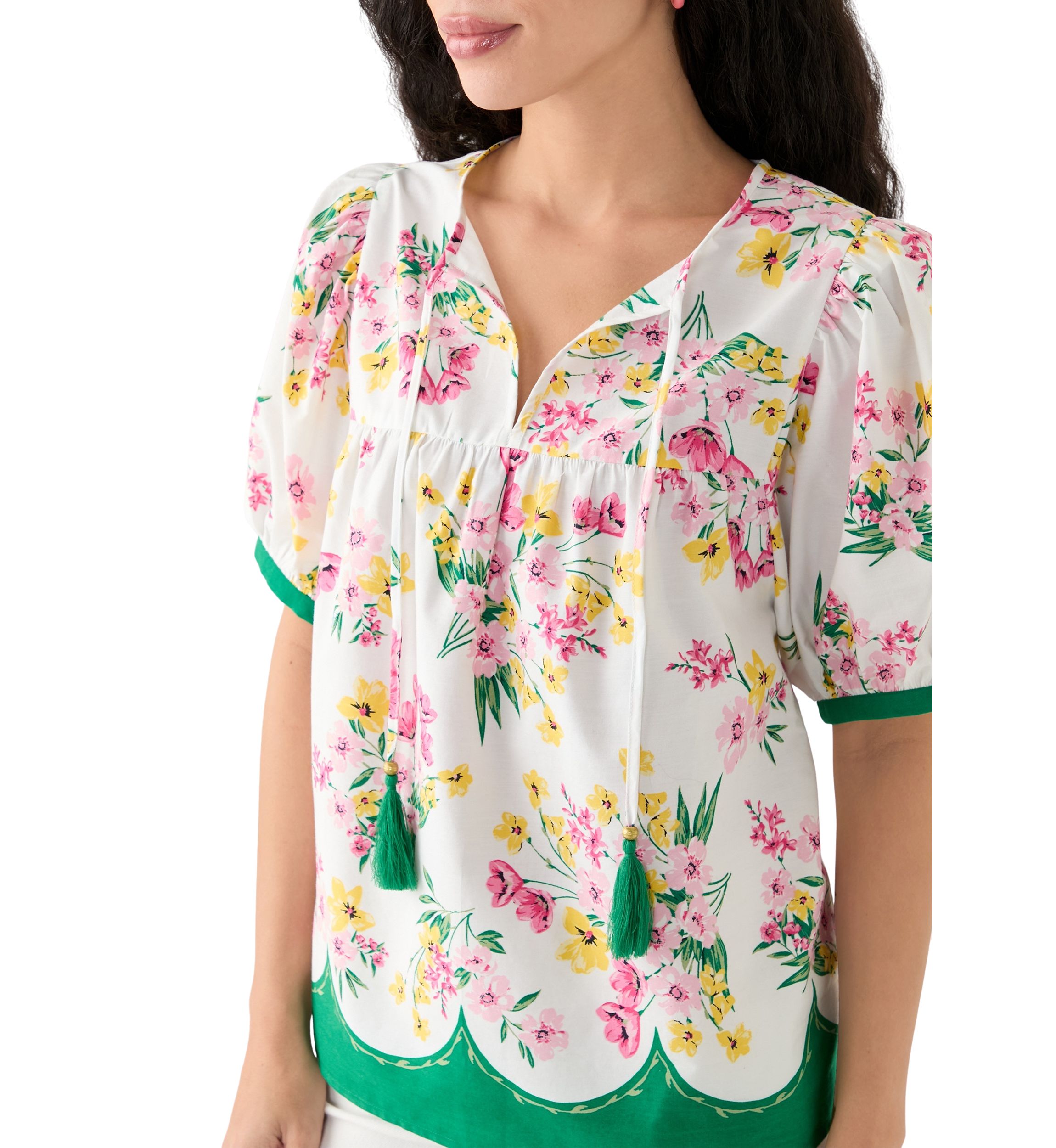 Womens Puff Sleeve Tassel Neck Printed Top 
