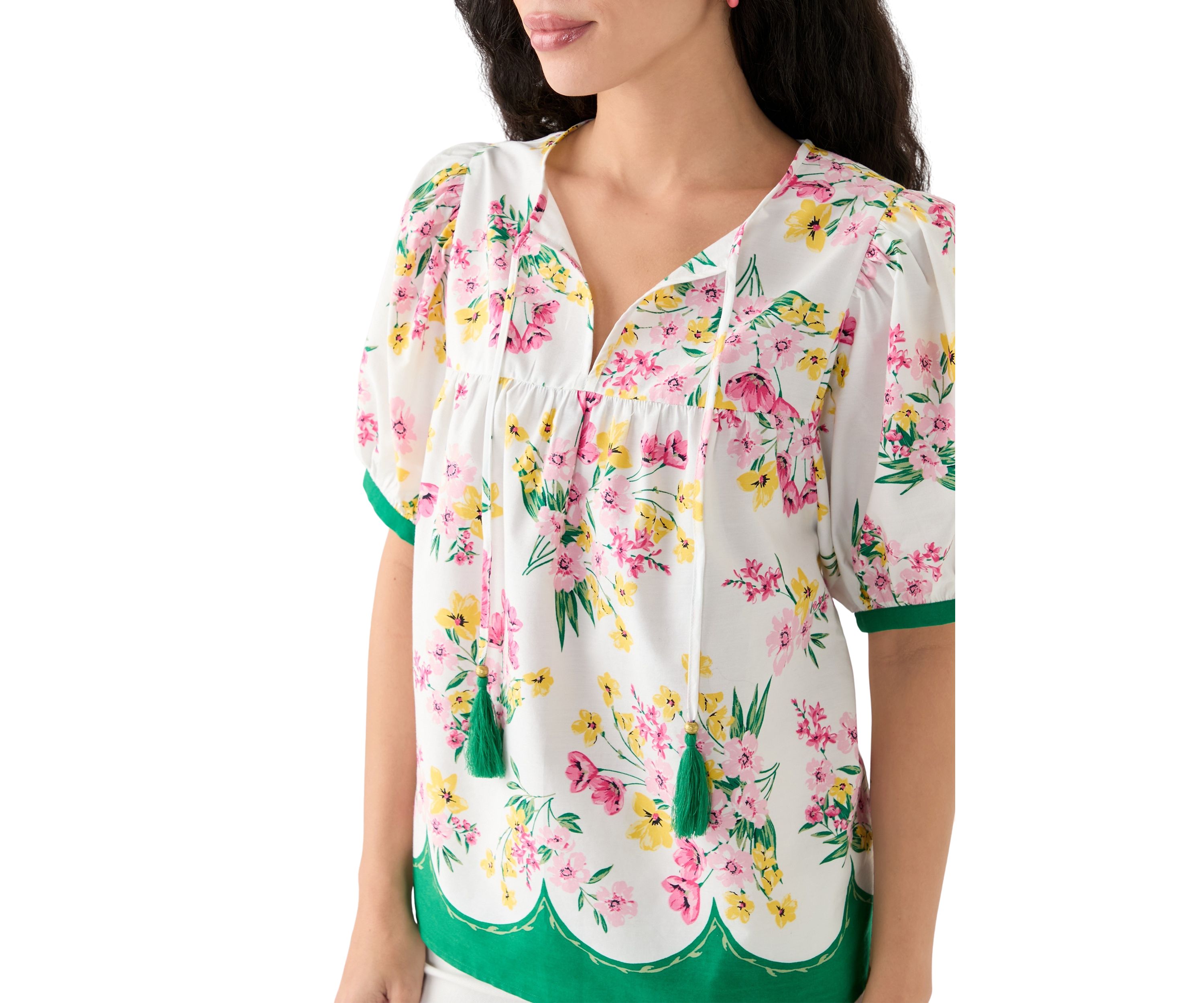 Womens Puff Sleeve Tassel Neck Printed Top 