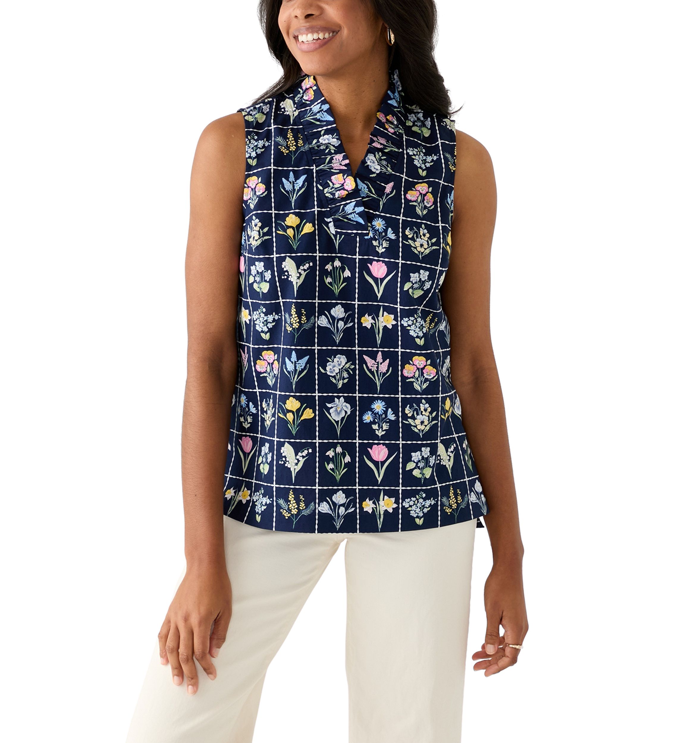Womens Sleeveless Eyelet Ruffle Neck Printed Top