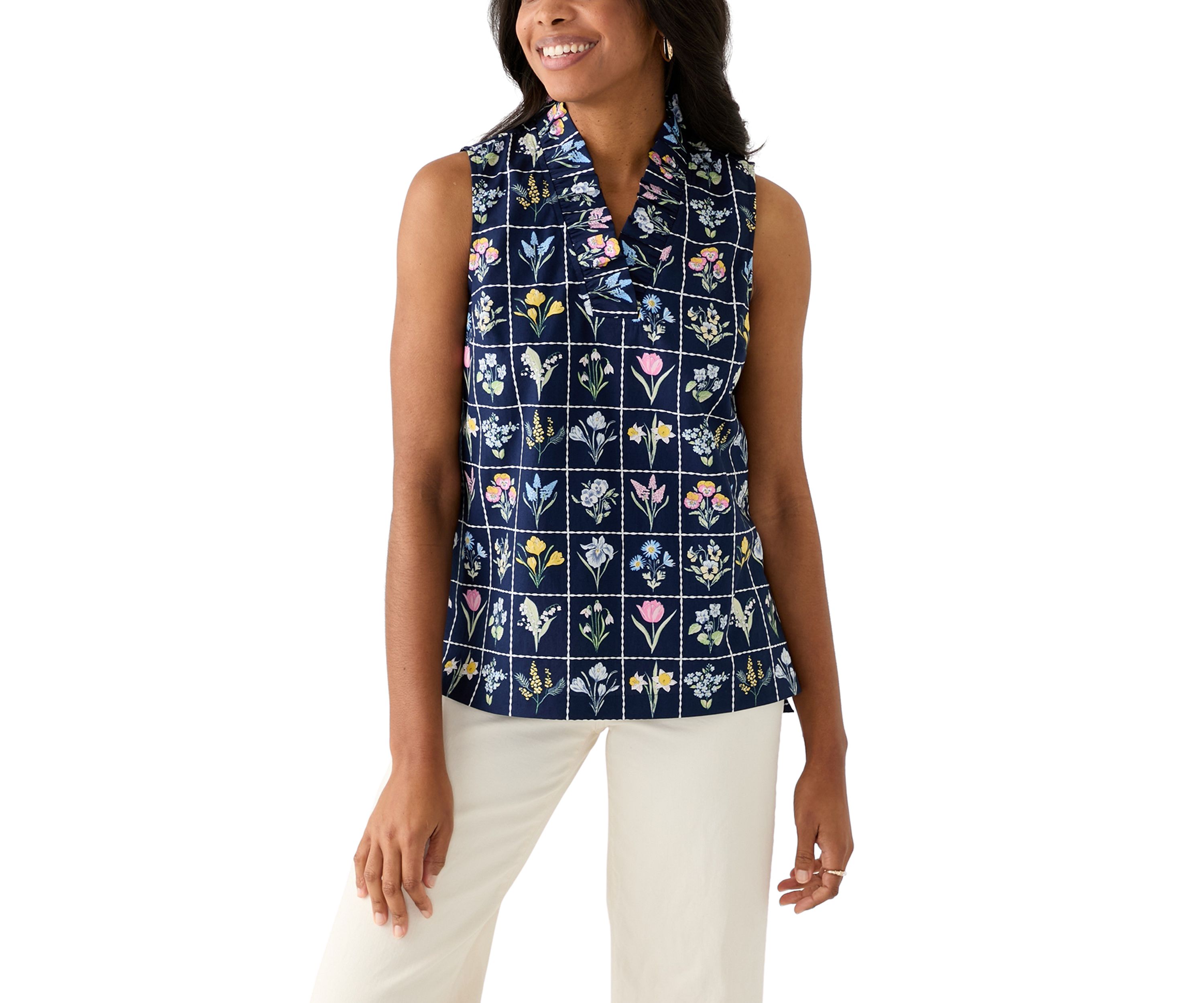 Womens Sleeveless Eyelet Ruffle Neck Printed Top