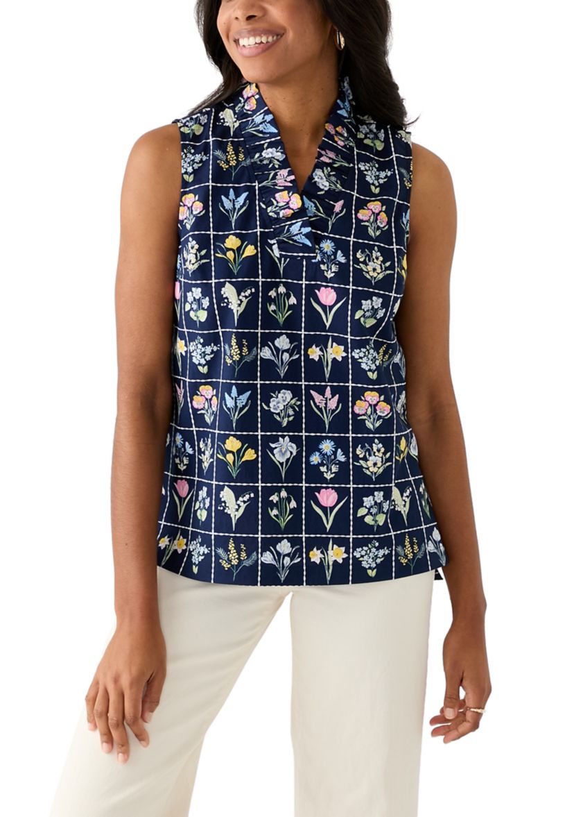 Womens Sleeveless Eyelet Ruffle Neck Printed Top