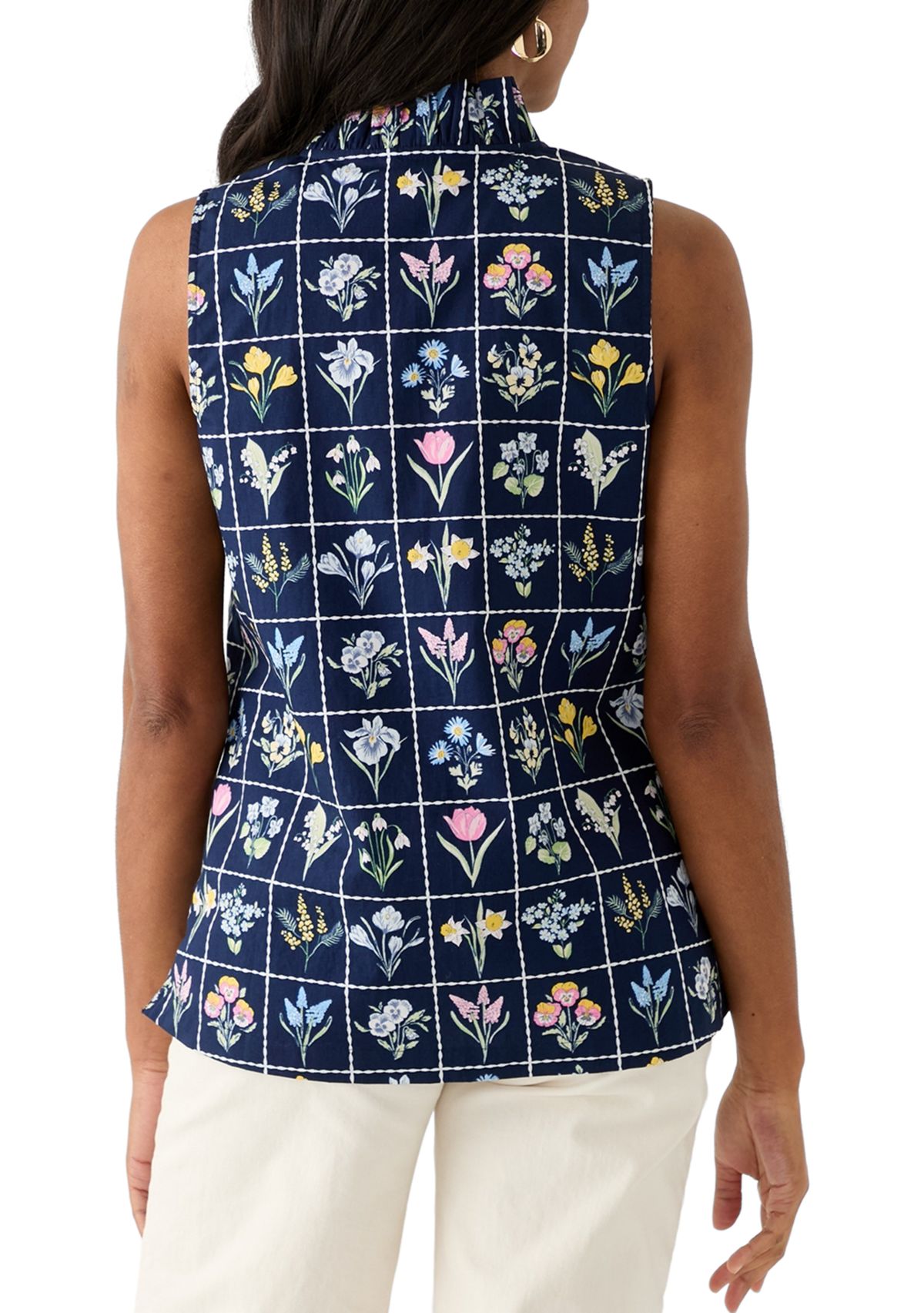 Womens Sleeveless Eyelet Ruffle Neck Printed Top