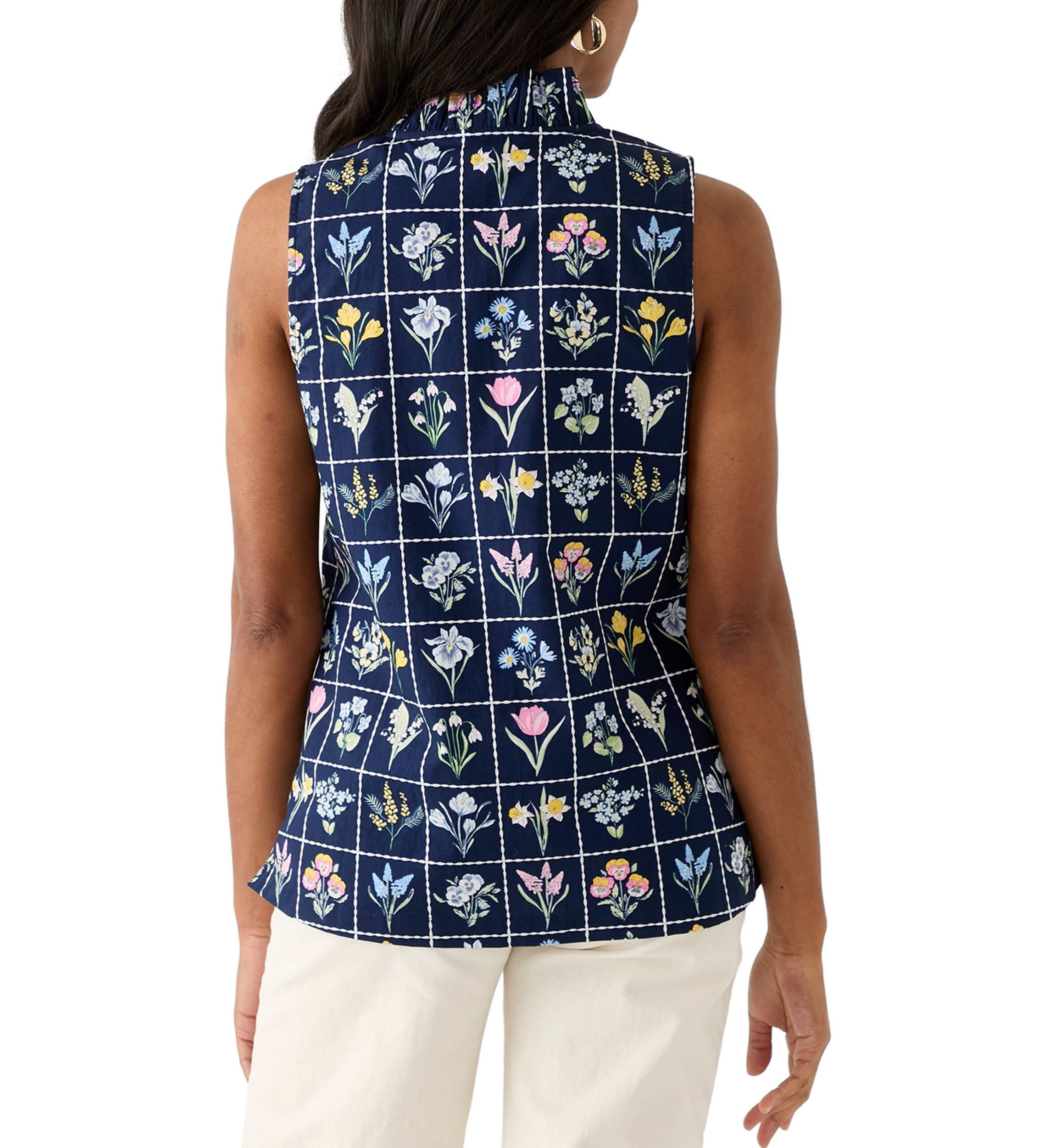 Womens Sleeveless Eyelet Ruffle Neck Printed Top