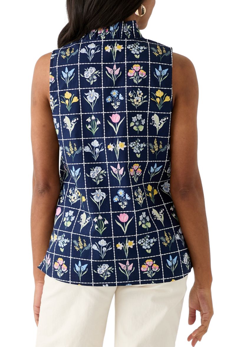 Womens Sleeveless Eyelet Ruffle Neck Printed Top