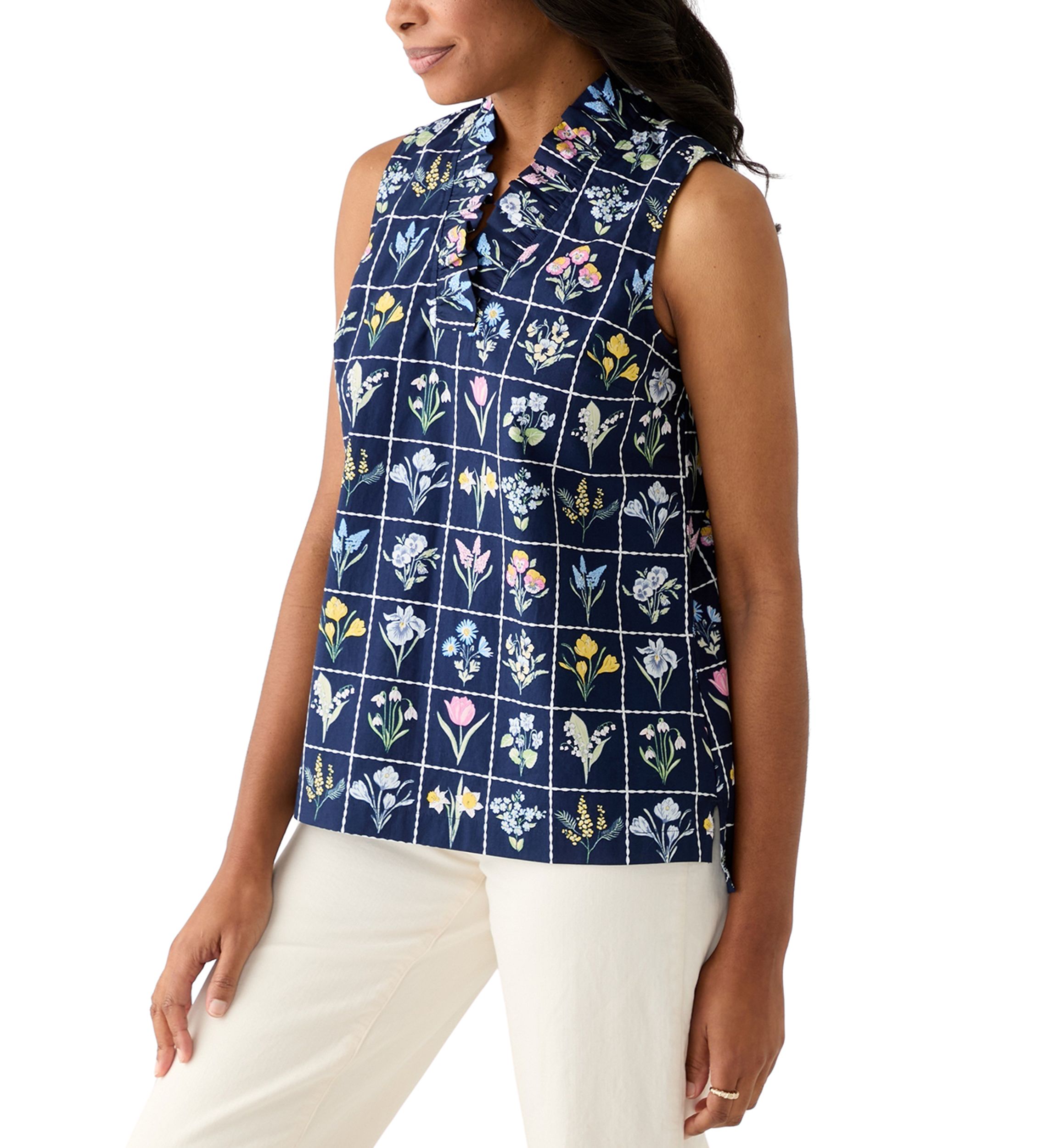 Womens Sleeveless Eyelet Ruffle Neck Printed Top