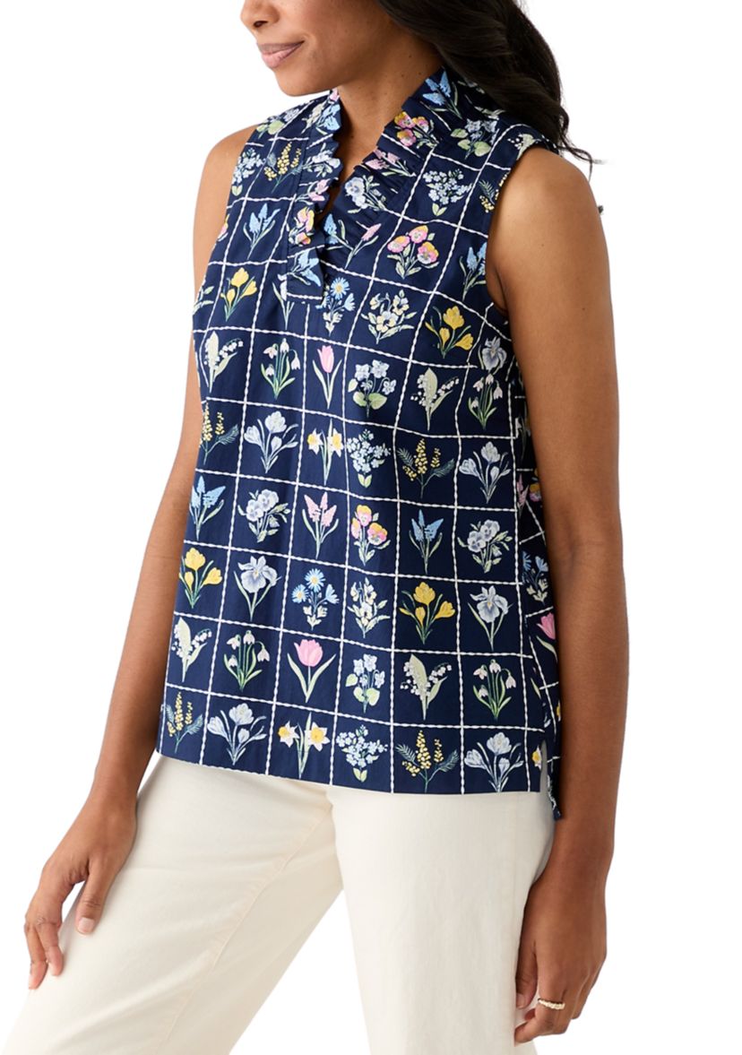 Womens Sleeveless Eyelet Ruffle Neck Printed Top