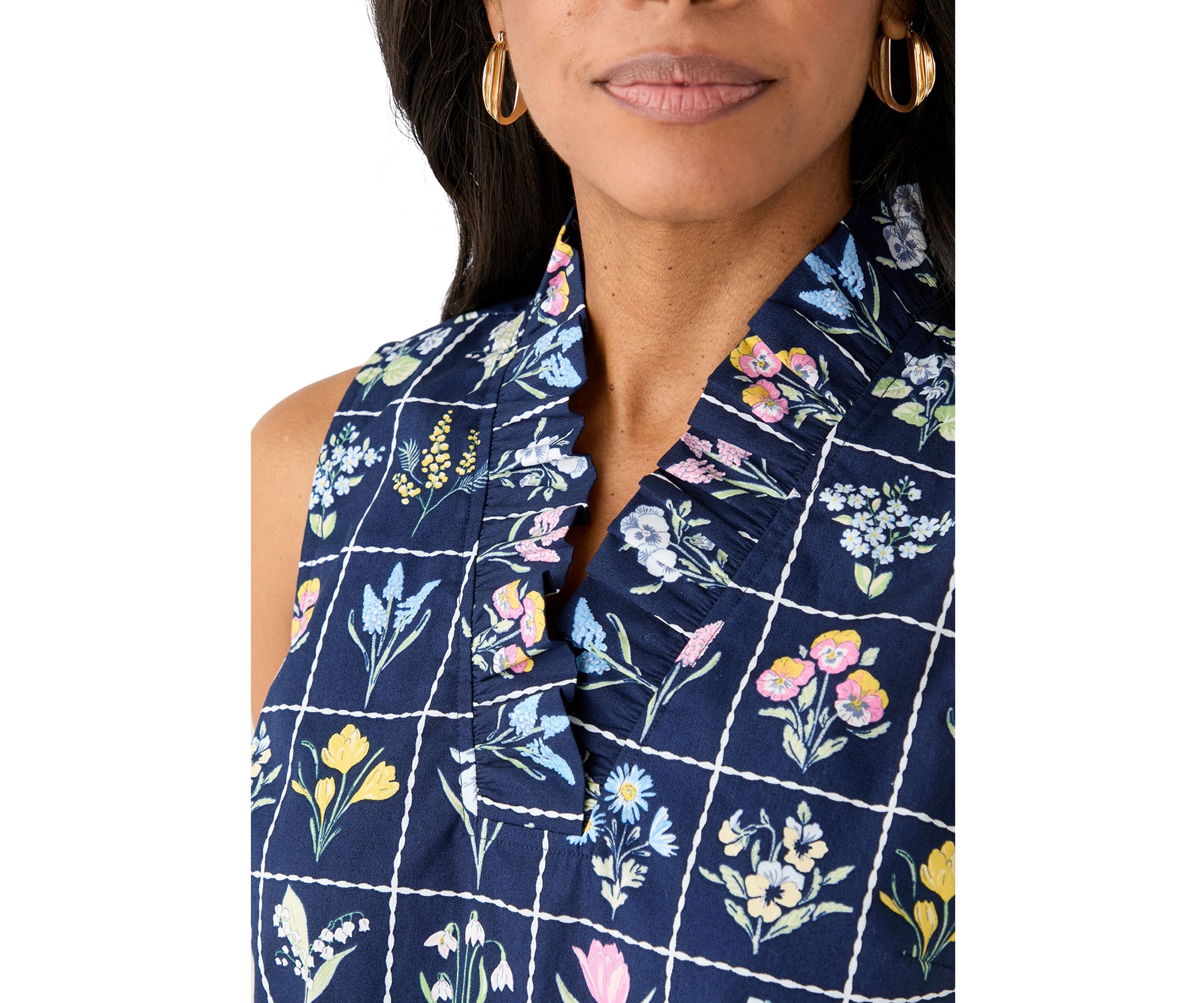 Womens Sleeveless Eyelet Ruffle Neck Printed Top