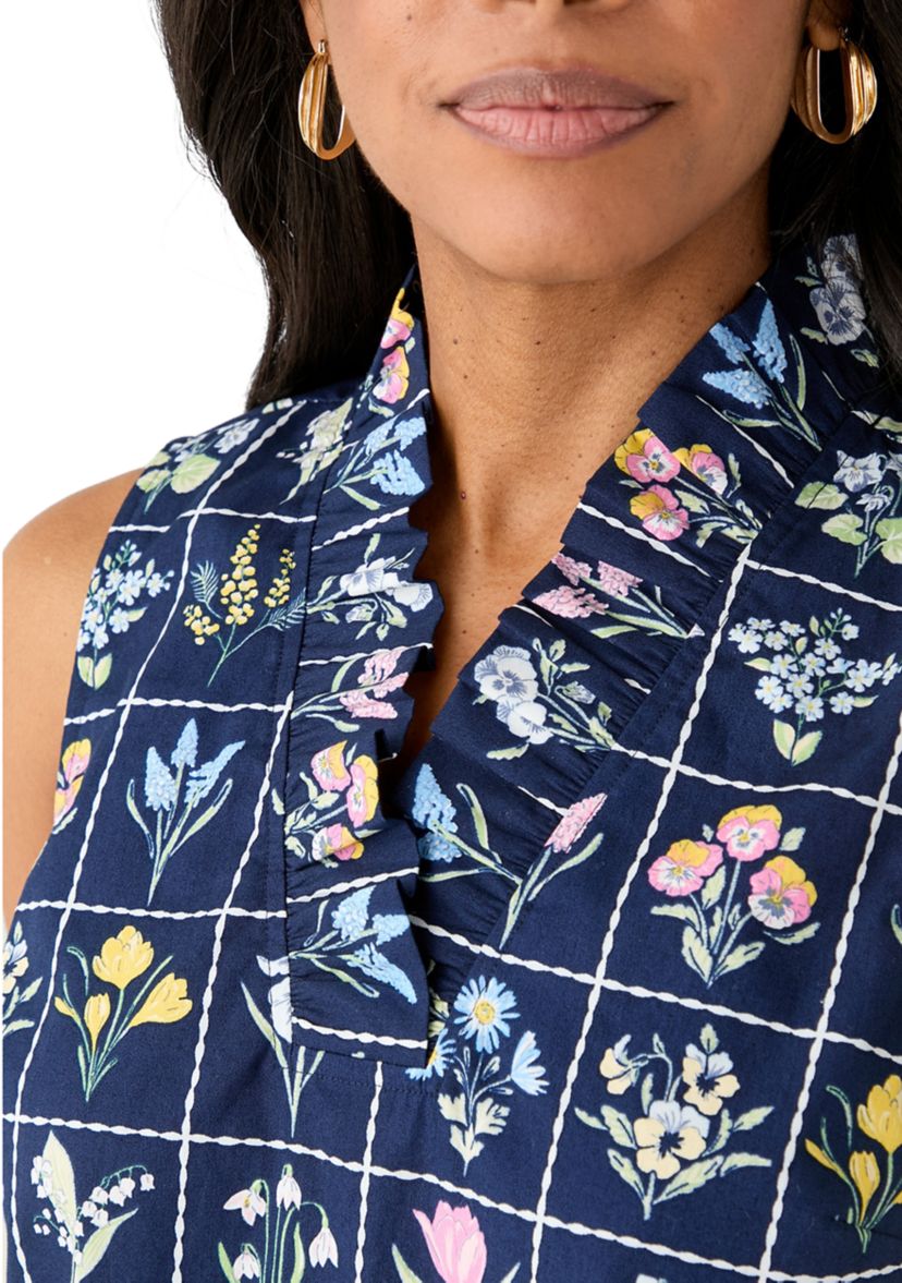 Womens Sleeveless Eyelet Ruffle Neck Printed Top
