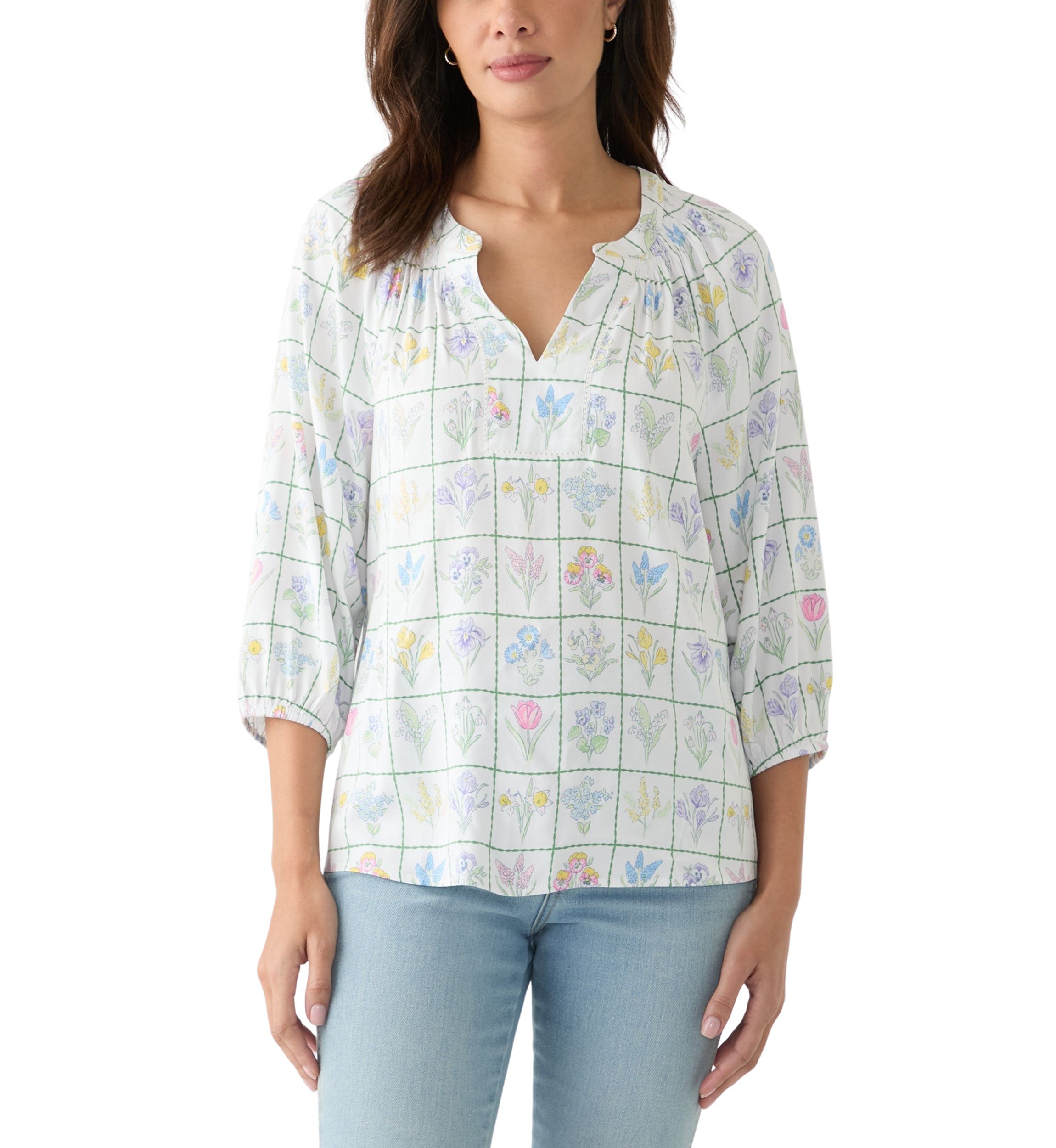 Womens Printed Trim Peasant Top