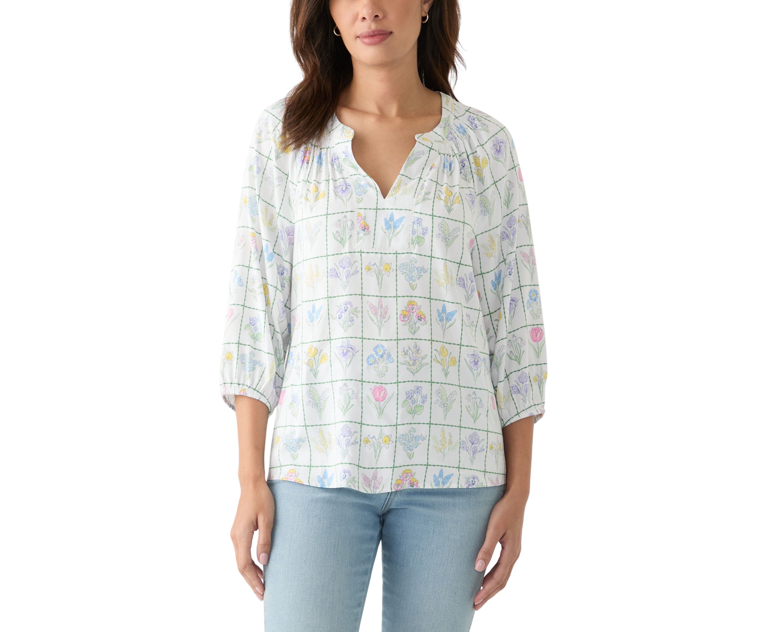 Womens Printed Trim Peasant Top