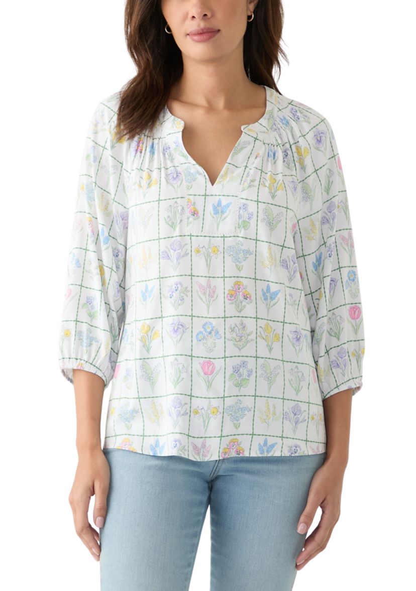 Womens Printed Trim Peasant Top