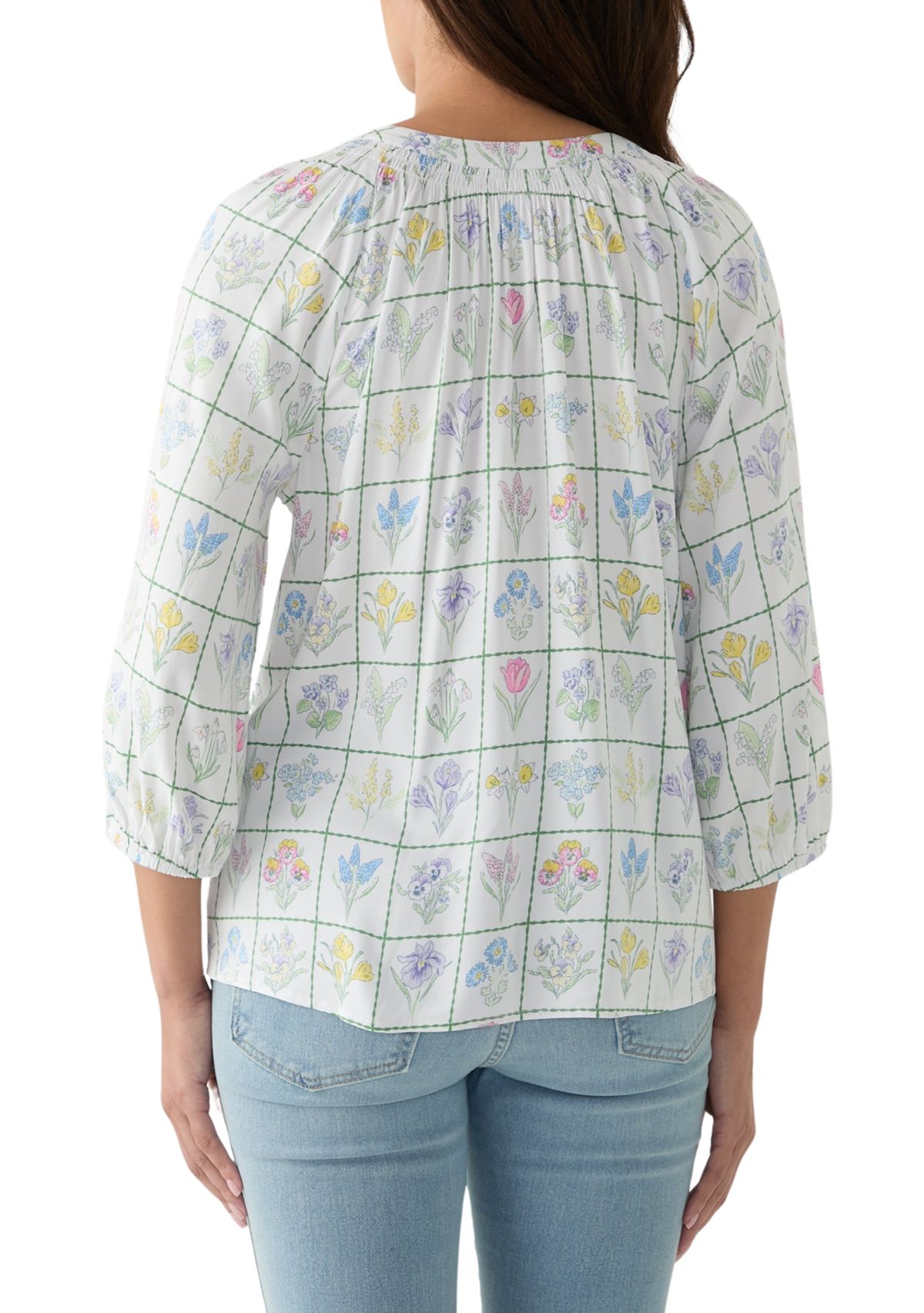 Womens Printed Trim Peasant Top