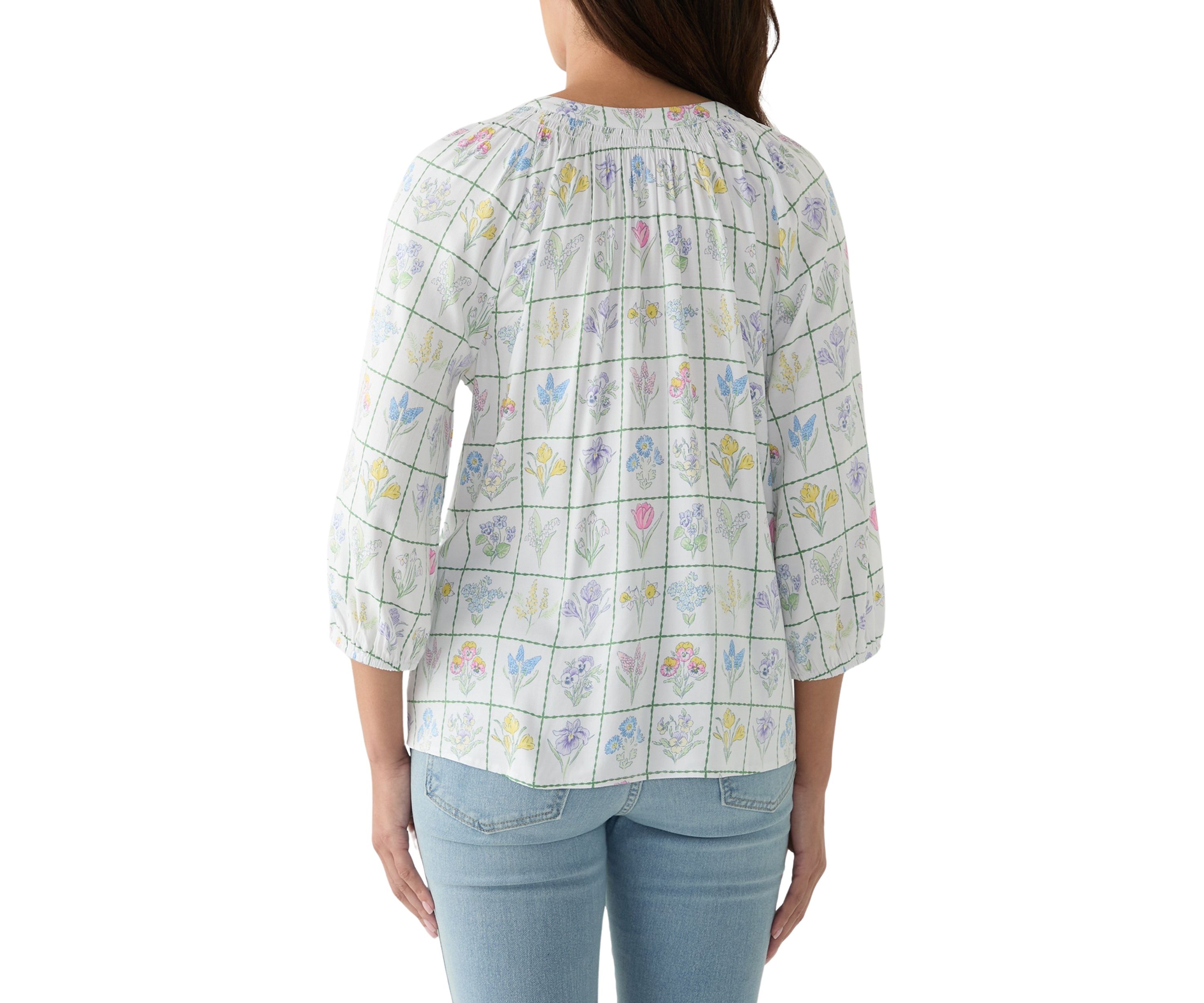 Womens Printed Trim Peasant Top